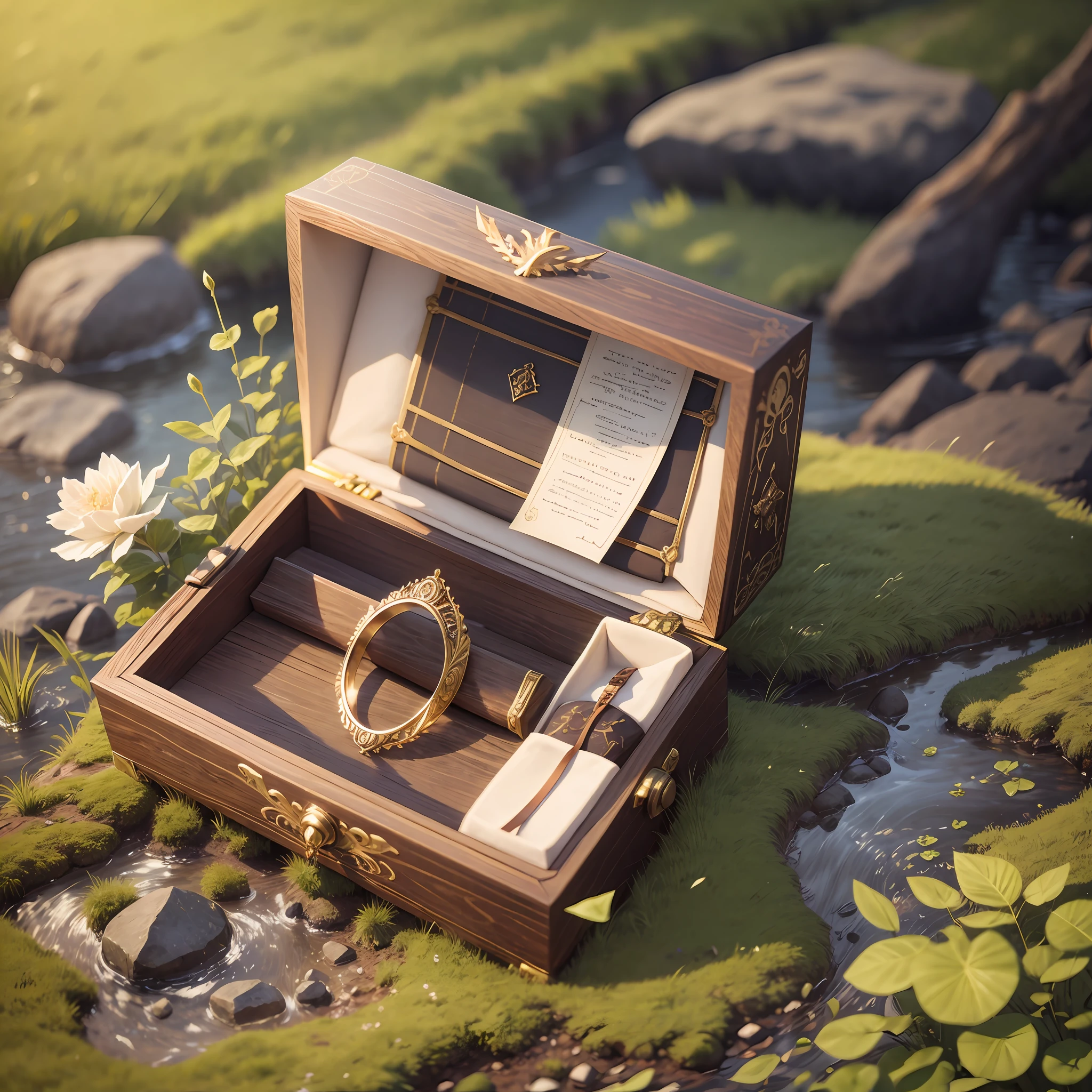 riverside, dusk, male, riverside, He held one in his hand, Elaborate ring box, The ring box features delicate wood textures and metal accents, Surrounded by trees and meadows, The river flows quietly, A gentle breeze --auto --s2