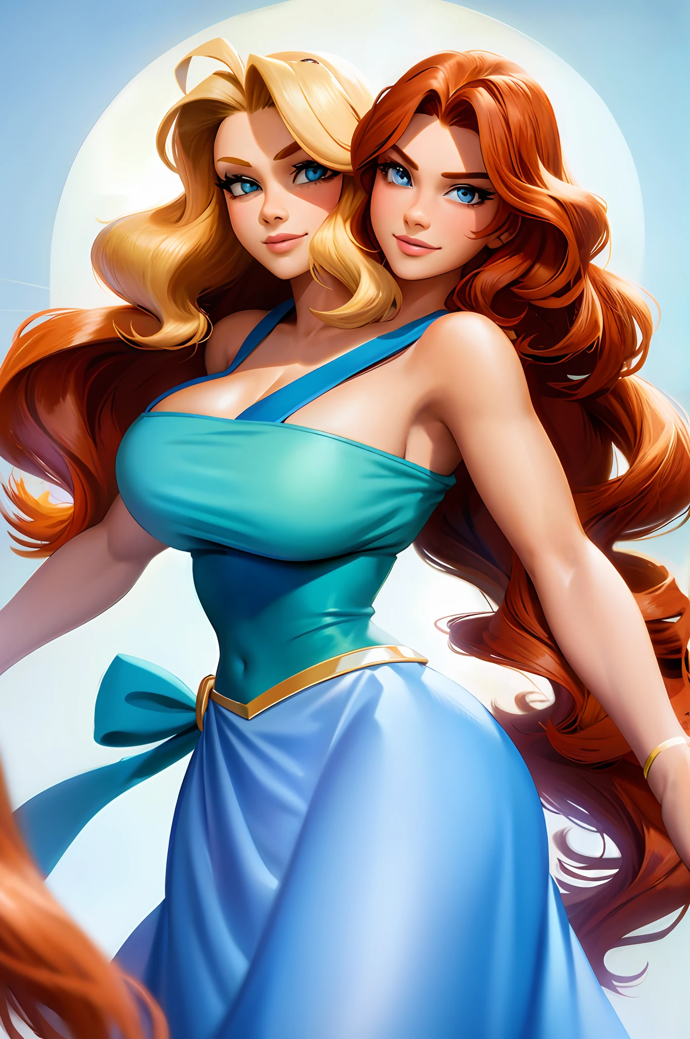 Disney animation style, 2 heads,  conjoined, one head is blonde and one head auburn hair