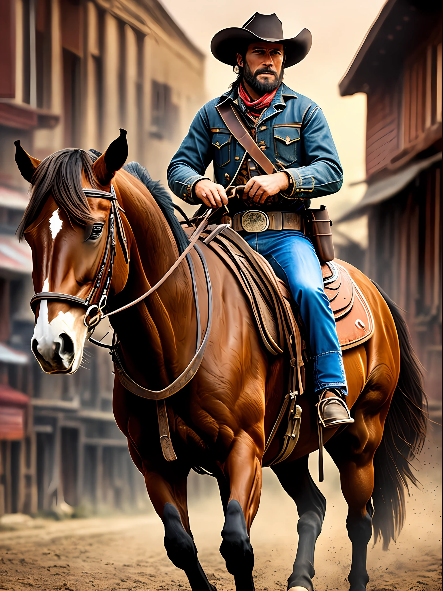 Front angle view, A horse riding cowboy in the street of wild west town, American frontier, in the style of Clint Eastwood, character of (man with no name), detailed face, Perfect body ratio, detail legs and finger, dark brown horse, action theme, 18th century culture, highly detailed, hyper realistic, photorealistic, perfect lighting, chiaroscuro effect, volumetric lighting, 8k resolution --auto --s2