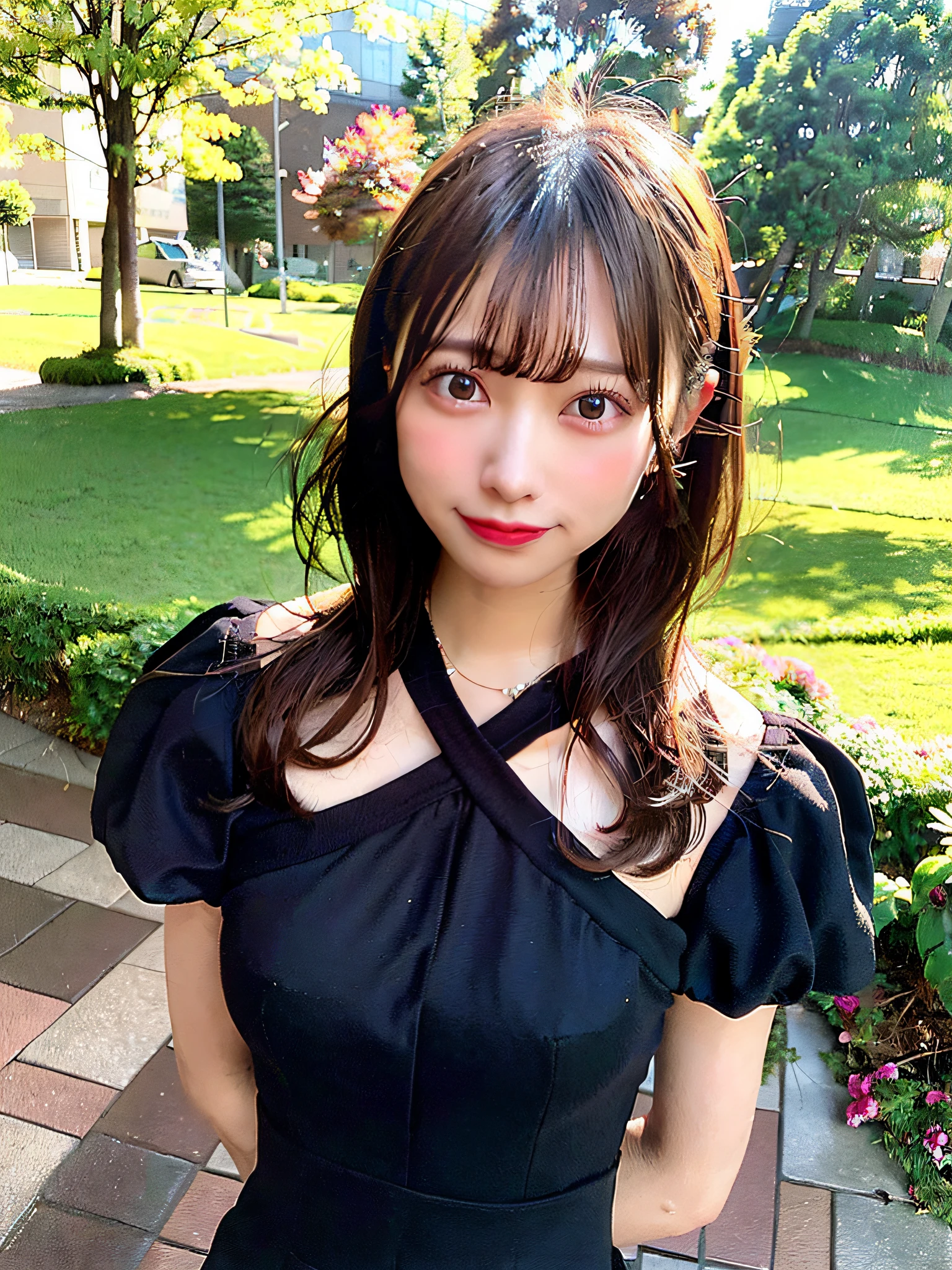 1girl, solo, realistic, cleavage, brown hair, molelips, brown eyes, huge breasts, in a black dress walking in the park, miyu kishi, smile, (photorealistic:1.4),nsfw