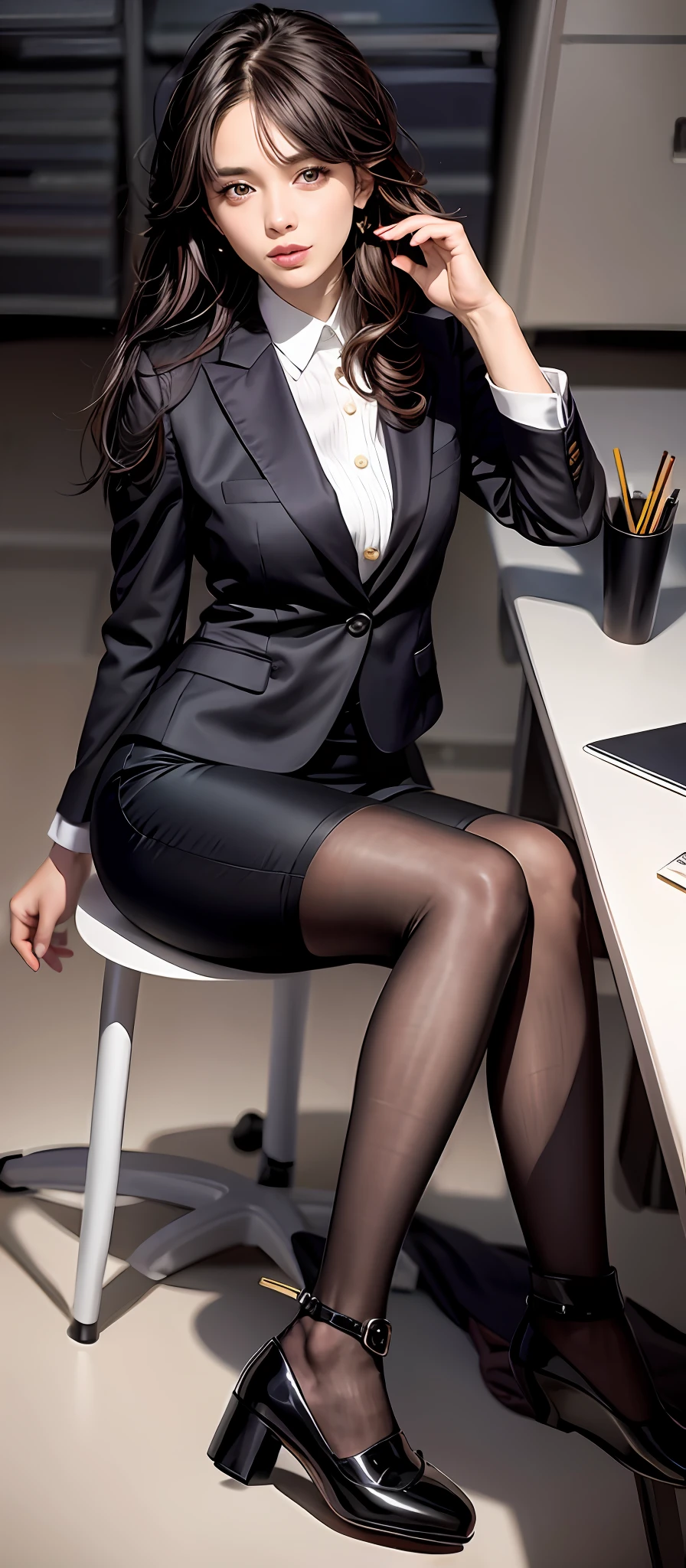 There is a woman sitting on a stool in the room, office clothes, wearing a tight suit, thighs and skirt, a girl in a suit, on the desk, sitting at the desk, sitting at the desk, a girl in a suit, a business girl, wearing a suit, a business attire, a tight suit, black high heels, normal limbs and palms