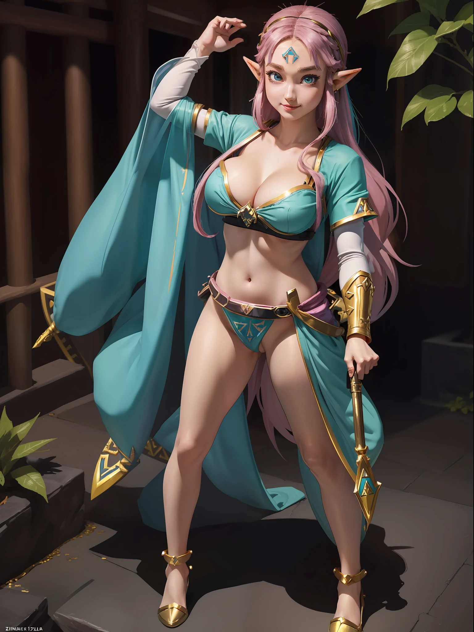 (photo/full body:1.5) (Princess Zelda/woman/kawaii:1.5), (large breasts:1.7), (wearing black ninja slave clothes with gold accents:1.3), she is inside a ninja temple with diving waterfalls, (she has pink hair:1.2), (she has green colored eyes:1.2), smiling at the viewer/looking, (is doing sensual poses while standing:1.3), (full body sweaty like sweat drops:0.5), anime, super metroid, shadow, high detail, framed, 16k, award-winning, high quality, anatomically correct, UHD, masterpiece