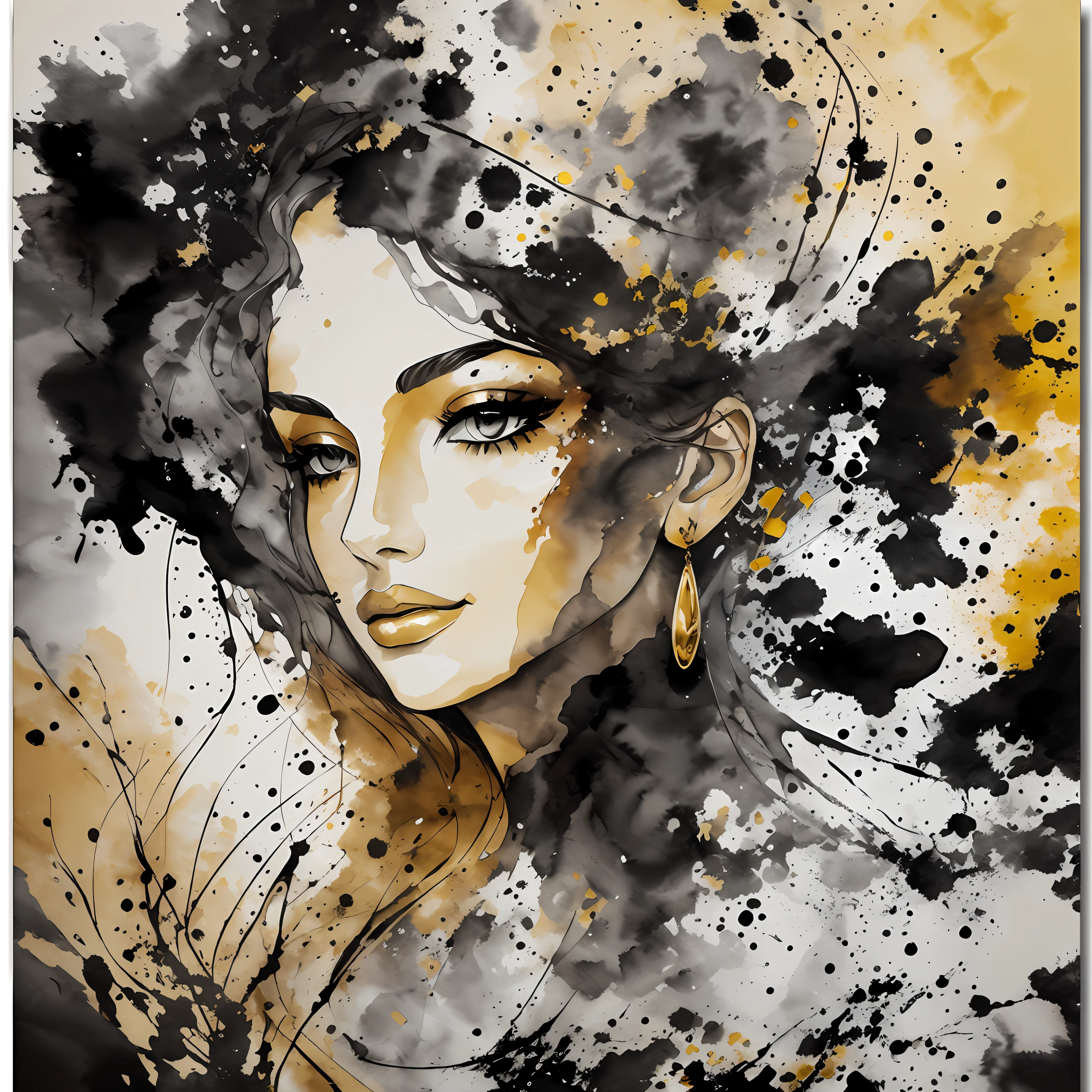 Beautiful woman,Painting on canvas, abstract, watercollor, watercolor, splashes, smoky, gray, black, gold, oozing paint, texture --auto --s2