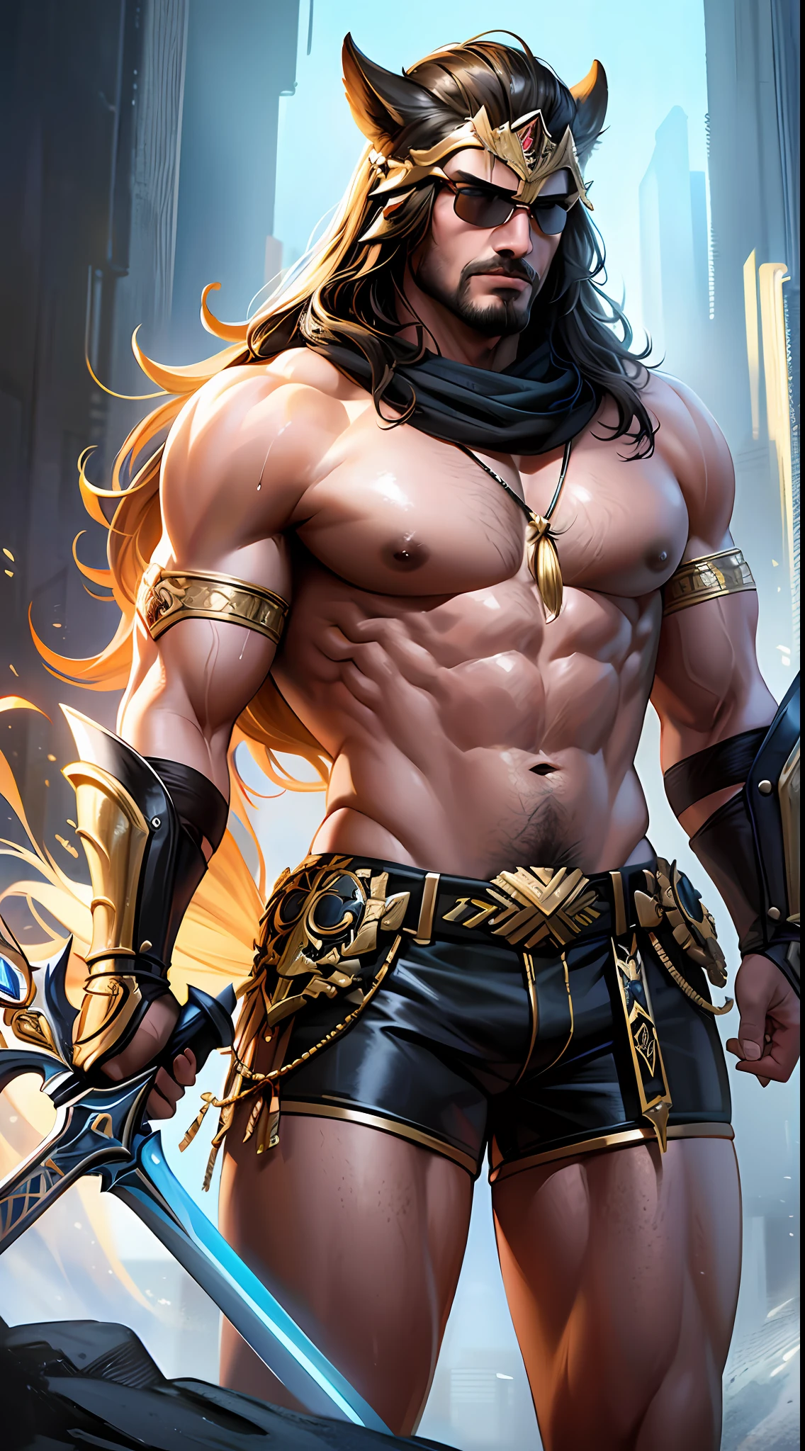 Best quality, high resolution, masterpiece, best detail, 8k, close-up, fking_scifi, fking_scifi_v2, portrait of a young, muscular very handsome and attractive Spartan warrior man, in front of a beautiful waterfall, long and messy hair, furry body, colorful bronze jewelry, close-up, palatial pose and attitude. fking_cinema_v2。 , very strong and fit, intense action, dynamic juxtaposition, warrior helmet and sword, ferocity, Tumblr match winner, Hurufiyya, very strong and masculine, movie stills, movie lights. photo, detailed symmetrical realistic face, extremely detailed natural textures, peach fluff long curly hair, masterpiece, ridiculous, nikon d850 film stock photo, kodak portra 400 camera F1.6 lens, extremely detailed, amazing, fine detail, intense action, ultra-realistic realistic textures, dramatic lighting, unreal engine, trending at artstation, cinestill 800 TUNGSTEN LIGHT, LOOKING AT THE AUDIENCE, PHOTO REALISTIC, RAW PHOTO, TANVIR TAMIM, HIGH QUALITY , high resolution, sharp focus, extremely detailed cinematic lighting, action, 8K UHD, -imagine-, luminescence, (off-the-shoulder jacket, tank top, shorts, sunglasses, busty), urban background