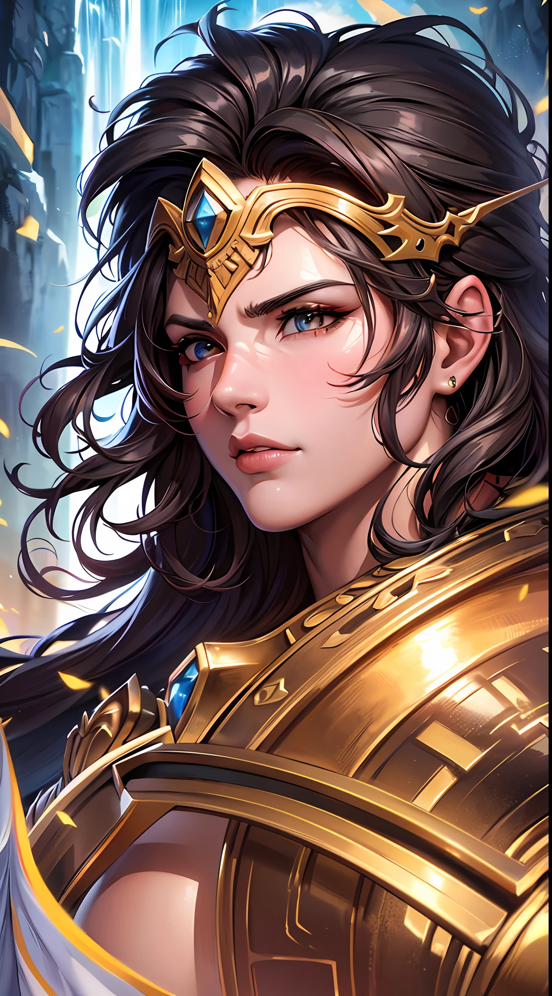Best quality, high resolution, masterpiece, best detail, 8k, close-up, fking_scifi, fking_scifi_v2, portrait of a young, muscular very handsome and attractive Spartan warrior man, in front of a beautiful waterfall, long and messy hair, furry body, colorful bronze jewelry, close-up, palatial pose and attitude. fking_cinema_v2。 , very strong and fit, intense action, dynamic juxtaposition, warrior helmet and sword, ferocity, Tumblr match winner, Hurufiyya, very strong and masculine, movie stills, movie lights. photo, detailed symmetrical realistic face, extremely detailed natural textures, peach fluff long curly hair, masterpiece, ridiculous, nikon d850 film stock photo, kodak portra 400 camera F1.6 lens, extremely detailed, amazing, fine detail, intense action, ultra-realistic realistic textures, dramatic lighting, unreal engine, trending at artstation, cinestill 800 TUNGSTEN LIGHT, LOOKING AT THE AUDIENCE, PHOTO REALISTIC, RAW PHOTO, TANVIR TAMIM, HIGH QUALITY , high resolution, sharp focus, extremely detailed cinematic lighting, action, 8K UHD, -imagine-, luminescence, (off-the-shoulder jacket, tank top, shorts, sunglasses, busty), urban background