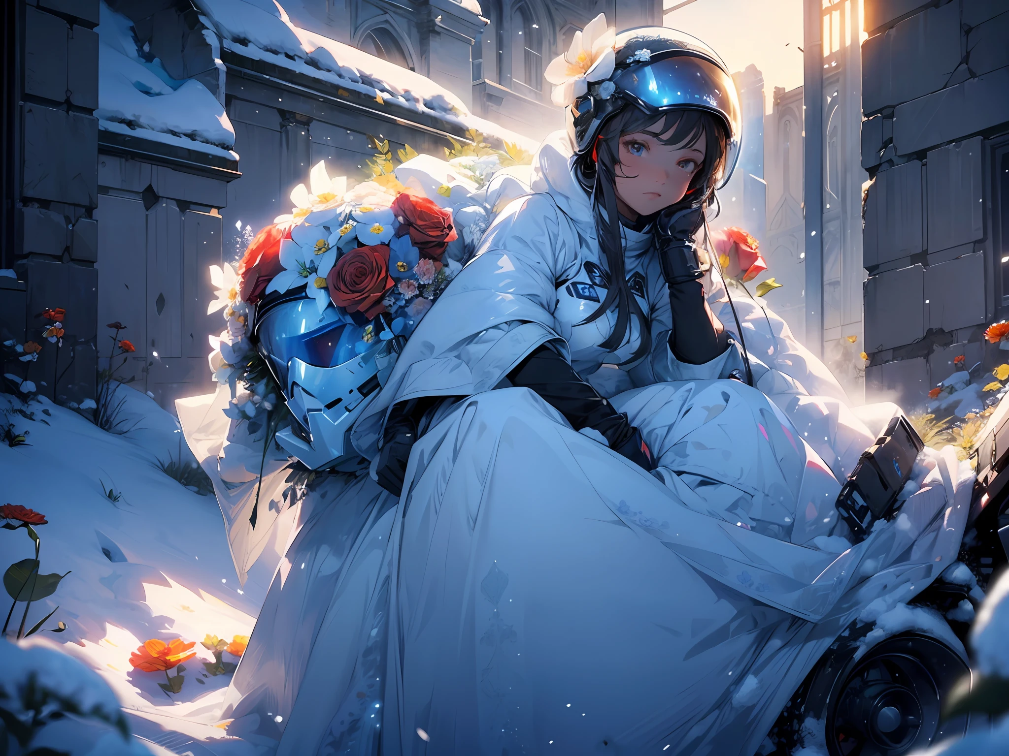 masterpiece, hyperdetail, Illustrations, dynamic angle, 1 girl, (solo), (wearing aerospace suit helmet), wedding dress, full body, outdoor, sunset, (snow, snowstorm:1.2), ruins, big red moon, third person, (withe flower:1.5), illustration, vivd color, cinematic lighting,