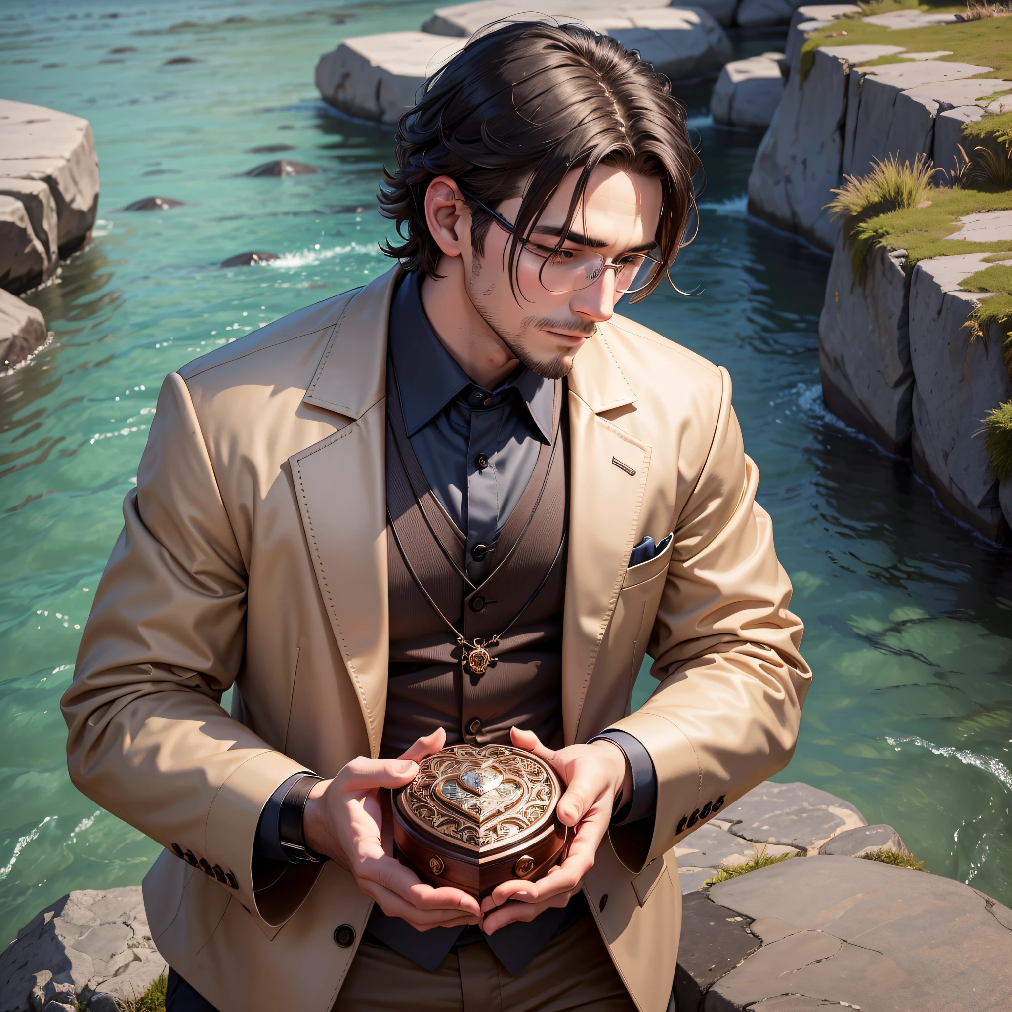 An ISTJ man prepares to propose to his beloved by the river, Holding an elaborate ring box in his hand. The caption in the picture reads: "ISTJ's love is like a persistent marriage proposal, Prove your commitment with action! #ISTJ #爱情 #执着 #求婚 --auto --s2