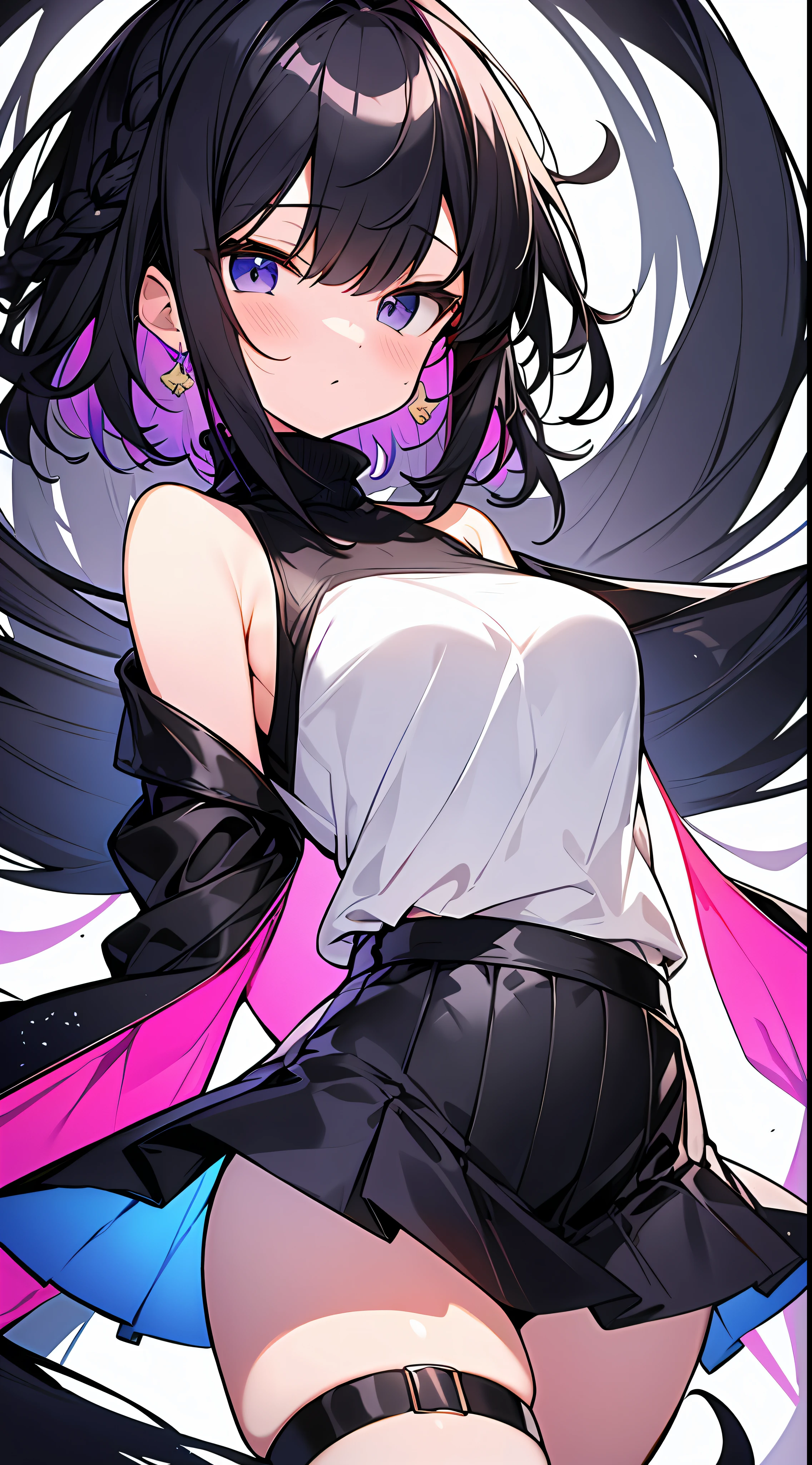 Top Quality, Masterpiece, Ultra High Resolution, 8K, Turtleneck and Colorful Mini Skirt Anime Style Little Loli, Single, Detailed Line Art, Digital Enhancement, Anime Core, Flowing Fabric, Close Up, Shoulder Length and Short Braid, Running, Wind-Fluttering Hair, Beautiful Black Hair, Looking Up Angle, Patchy Eyes