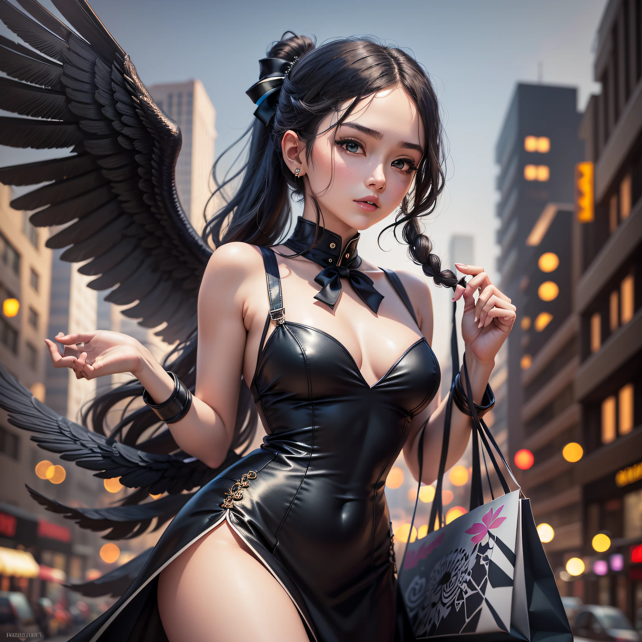 Perfect figure, shopping bag with wings, magic wand in hand, Morgan Lefay (fate), long hair, black dress, braid, two-tone dress, ponytail, thighs, black bow, outdoor, depth of field, cinema lighting, high resolution, best quality, high resolution, best quality, best quality, best quality, textured skin, high resolution, best quality, textured skin, (masterpiece), best quality, high resolution, high resolution, best quality, --auto --s2