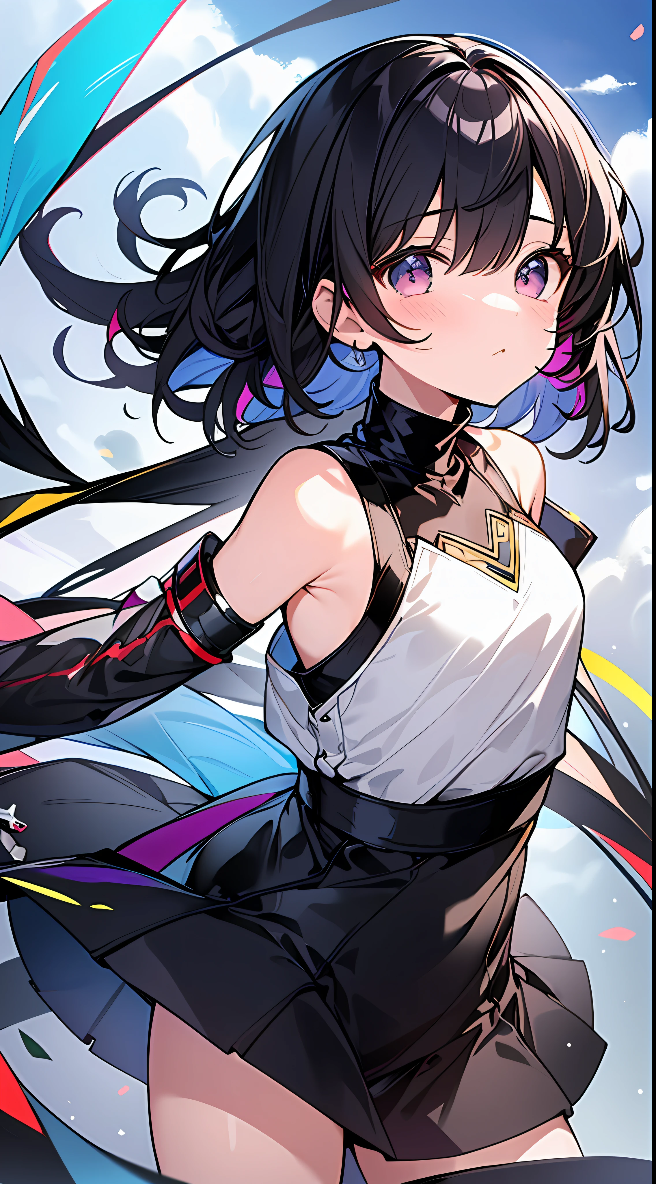 Top Quality, Masterpiece, Ultra High Resolution, 8K, Turtleneck and Colorful Mini Skirt Anime Style Little Loli, Single, Detailed Line Art, Digital Enhancement, Anime Core, Flowing Fabric, Close Up, Shoulder Length and Short Braid, Running, Wind-Fluttering Hair, Beautiful Black Hair, Looking Up Angle, Patchy Eyes