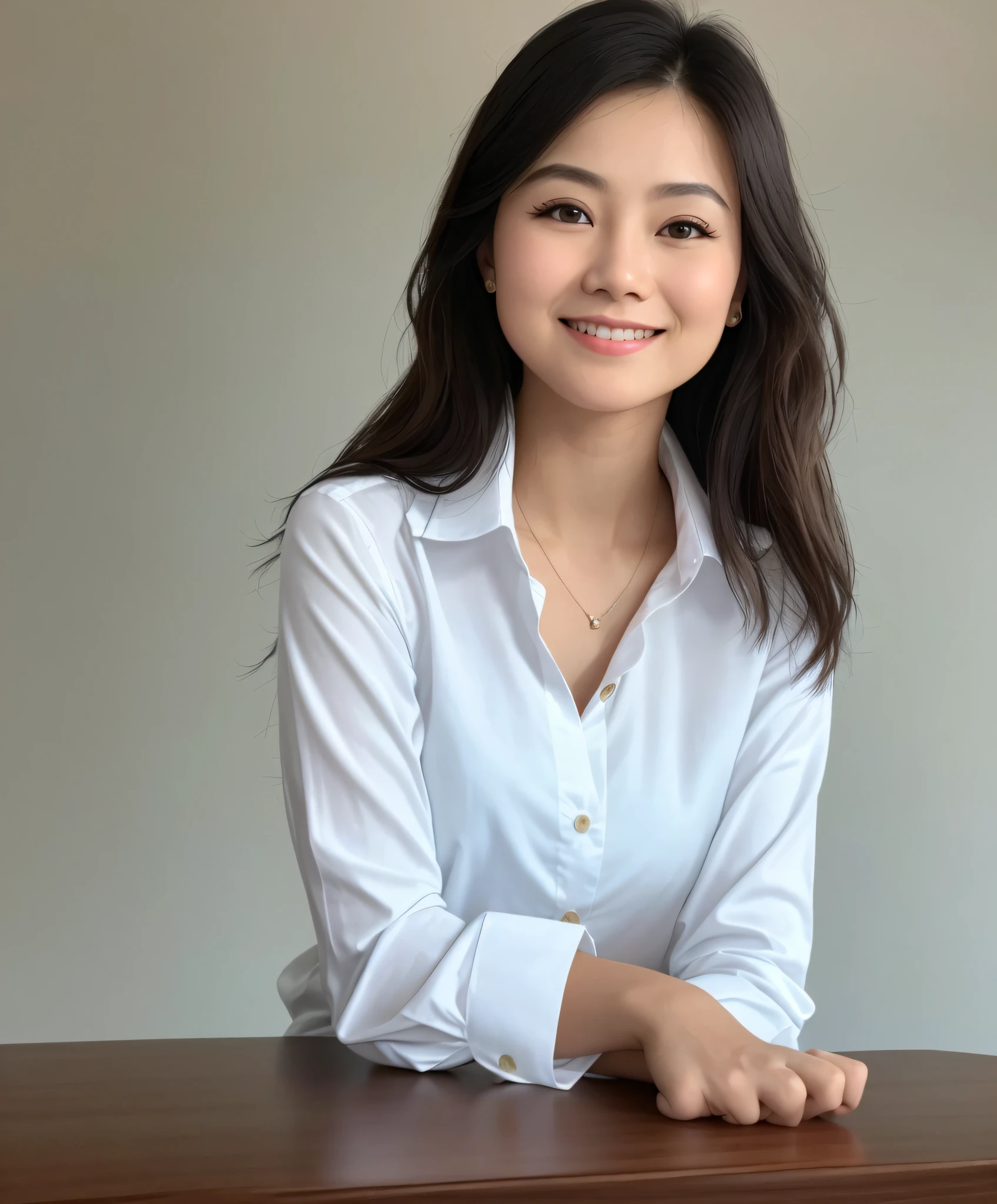 News anchor image, realistic, frontal, close-up, high facial details, 1 asian girl, big eyes, high nose, white skin, medium length hair, warm smile, elegant posture, hands on table, casual shirt, solid color background, depth of field
