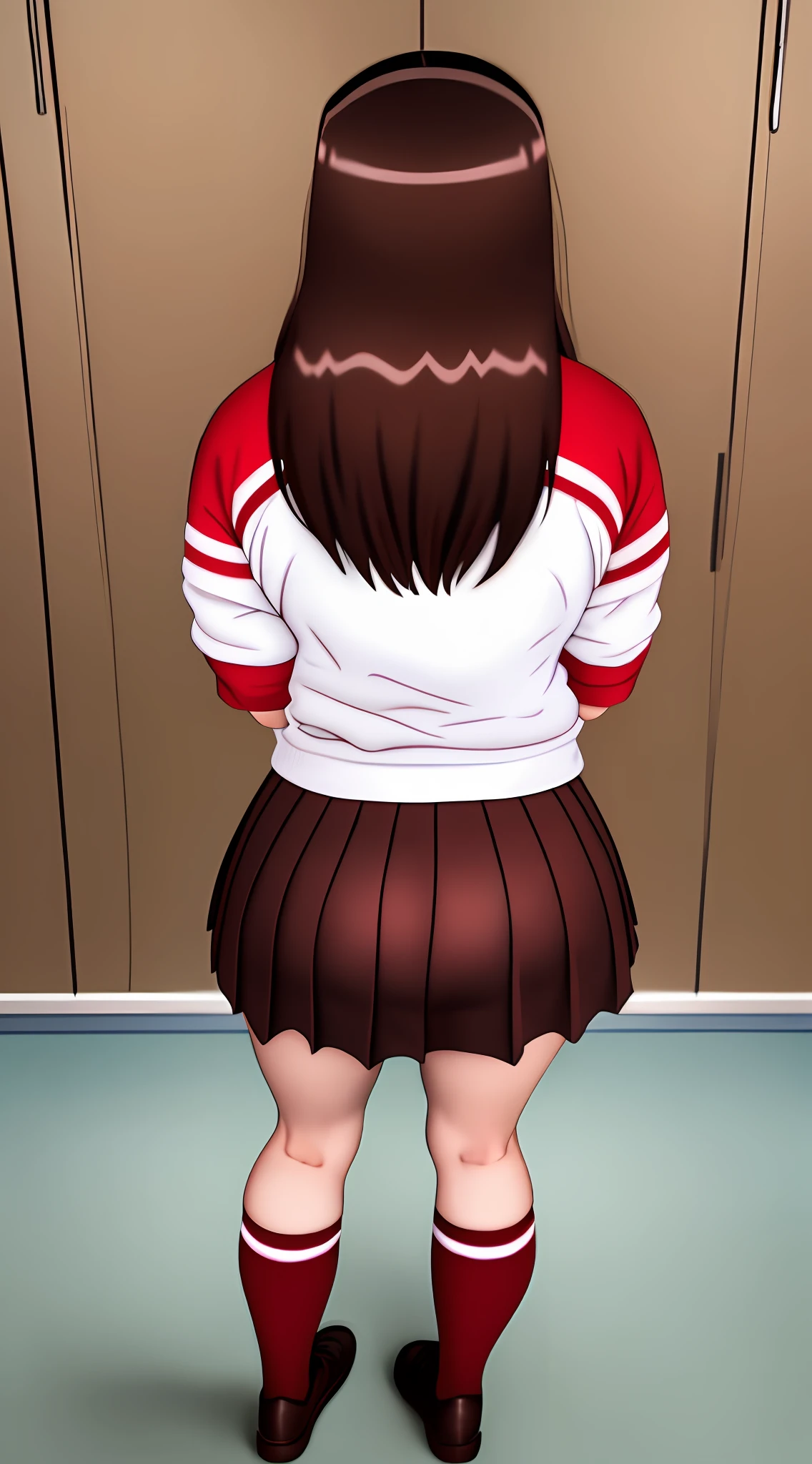 1girl, Brunette hair, glasses, red sailor school outfit and brown skirt, black high socks, brown shoes, Slim waist, , Azumanga daioh, blushing, view from behind, ass on w
