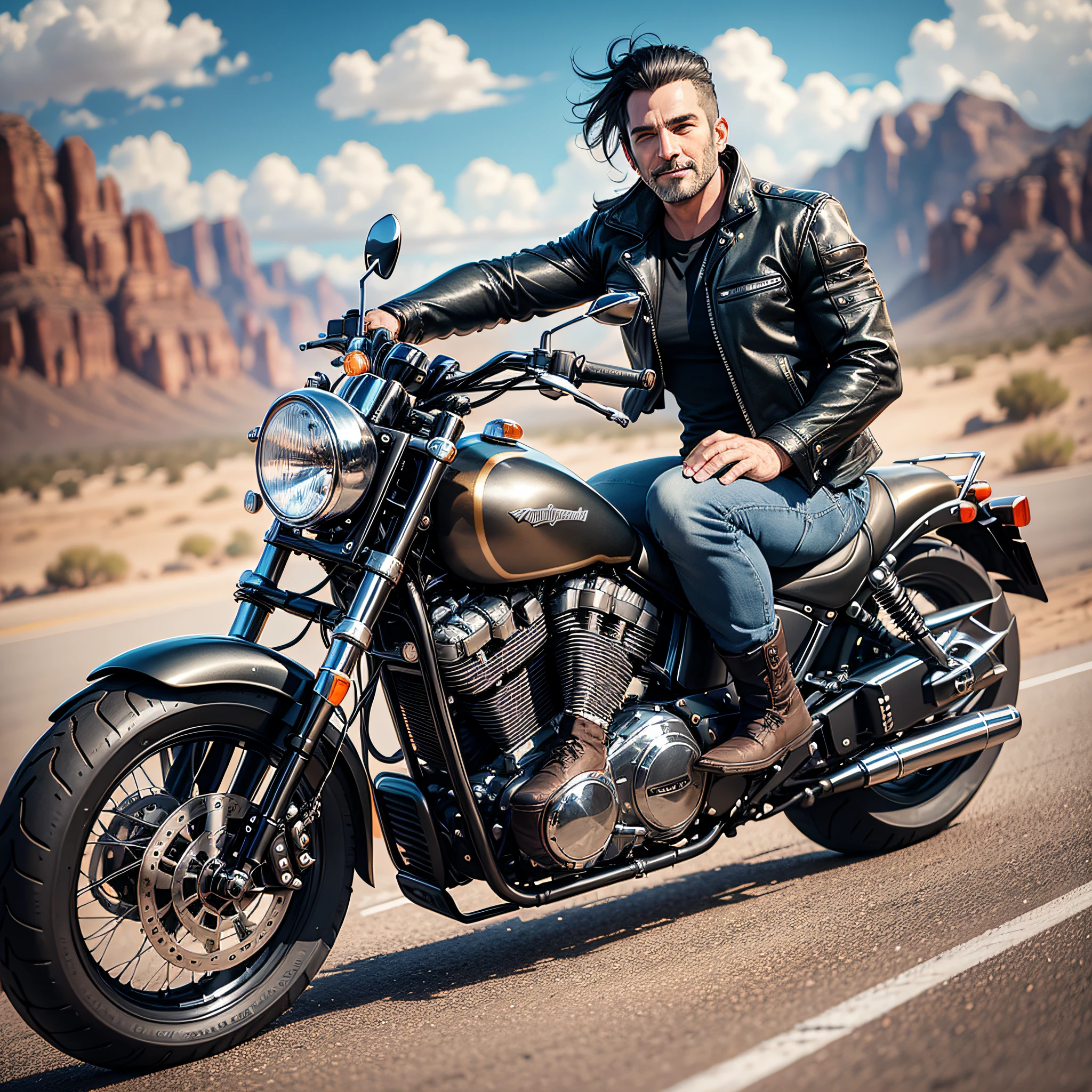 40-year-old man, short hair half gray, handsome, wearing black vest, no T-shirt under the vest, arms showing, muscles showing, wearing jeans and boots, sitting and riding a Harley Davidson motorcycle in motion model Fat Bob in black color, sitting on the same motorcycle has very beautiful woman of 25 years wearing sunglasses,  sitting on the rump, white skin, long flowing black hair, smiling, wearing black leather jacket, black leather pants, high-heeled boots, motorcycle riding on a paved road in the middle of a desert with no trees and some small shrubs, in the background a mountain range with flat mountains like Grand Canyon, do not appear extra, deformed legs,  extra feet, deformed, photorealistic image, ultra-detailed, detailed skin, masterpiece, blue sky, clouds, good weather, feeling of freedom