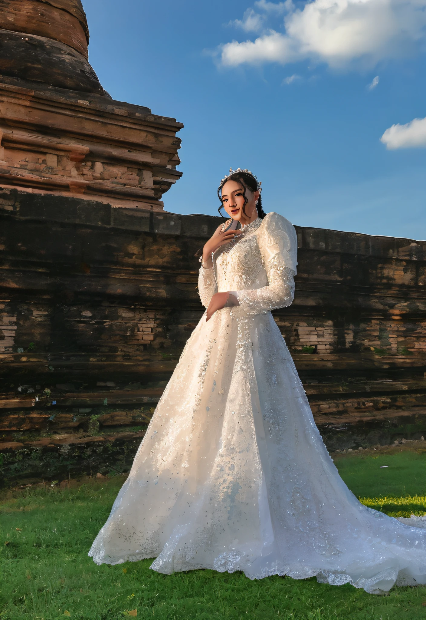 bride in white wedding dress standing in front of a stone wall, white regal gown, shot on canon eos r5, shot on canon eos r 5, ao dai, full image, fantasy long intricate gown, royal gown, sukhothai costume, white royal dress, mid shot portrait, with a castle in the background, white gown, elegant intricate, full pose