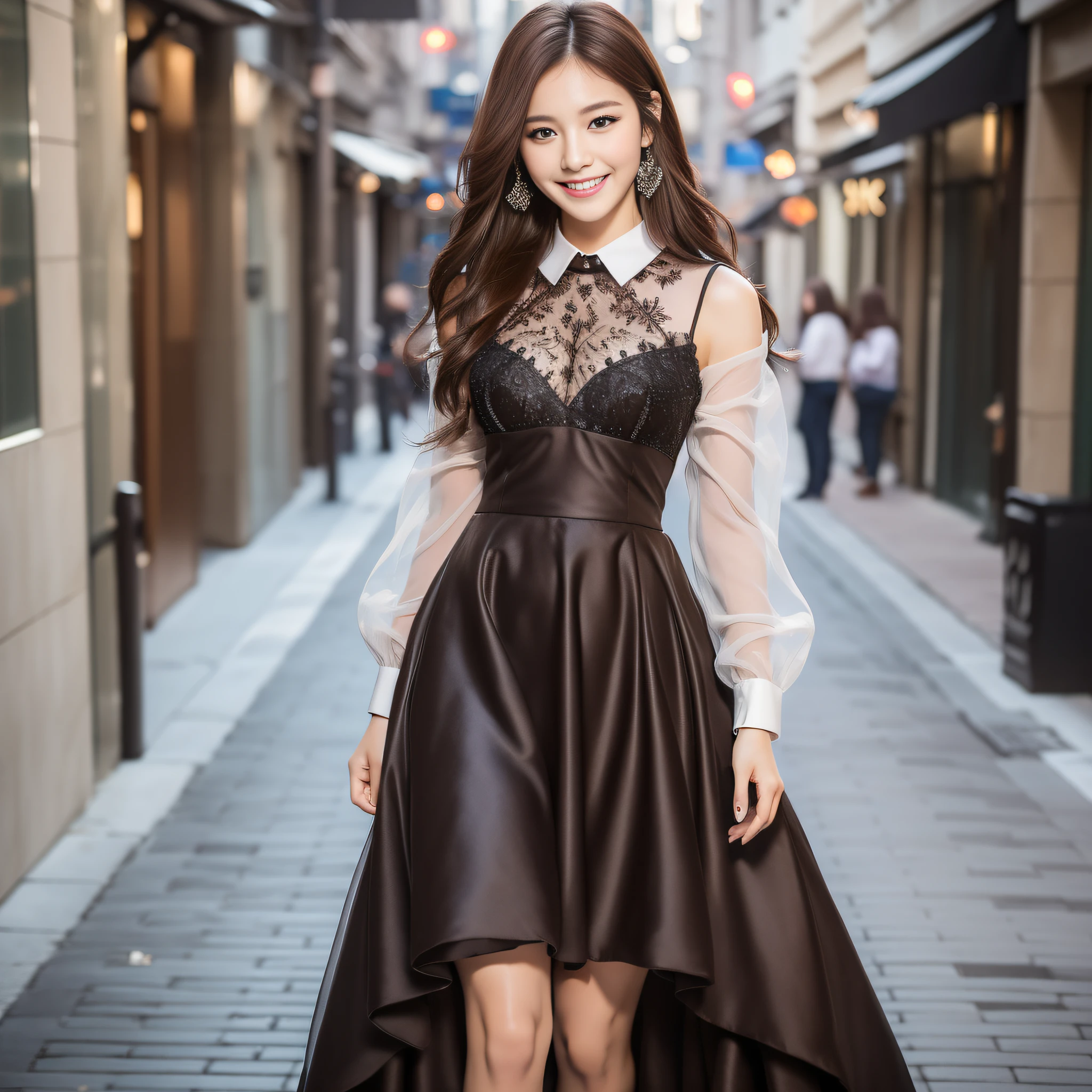 ((Best quality, 8k, Masterpiece :1.3)), 1girl, smiling, full body, slim face, Pretty woman, (Dark brown hair), full length dress :1.1, Ultra-detailed face, Detailed eyes, Double eyelid, blur background, slim face, city, outside, street,