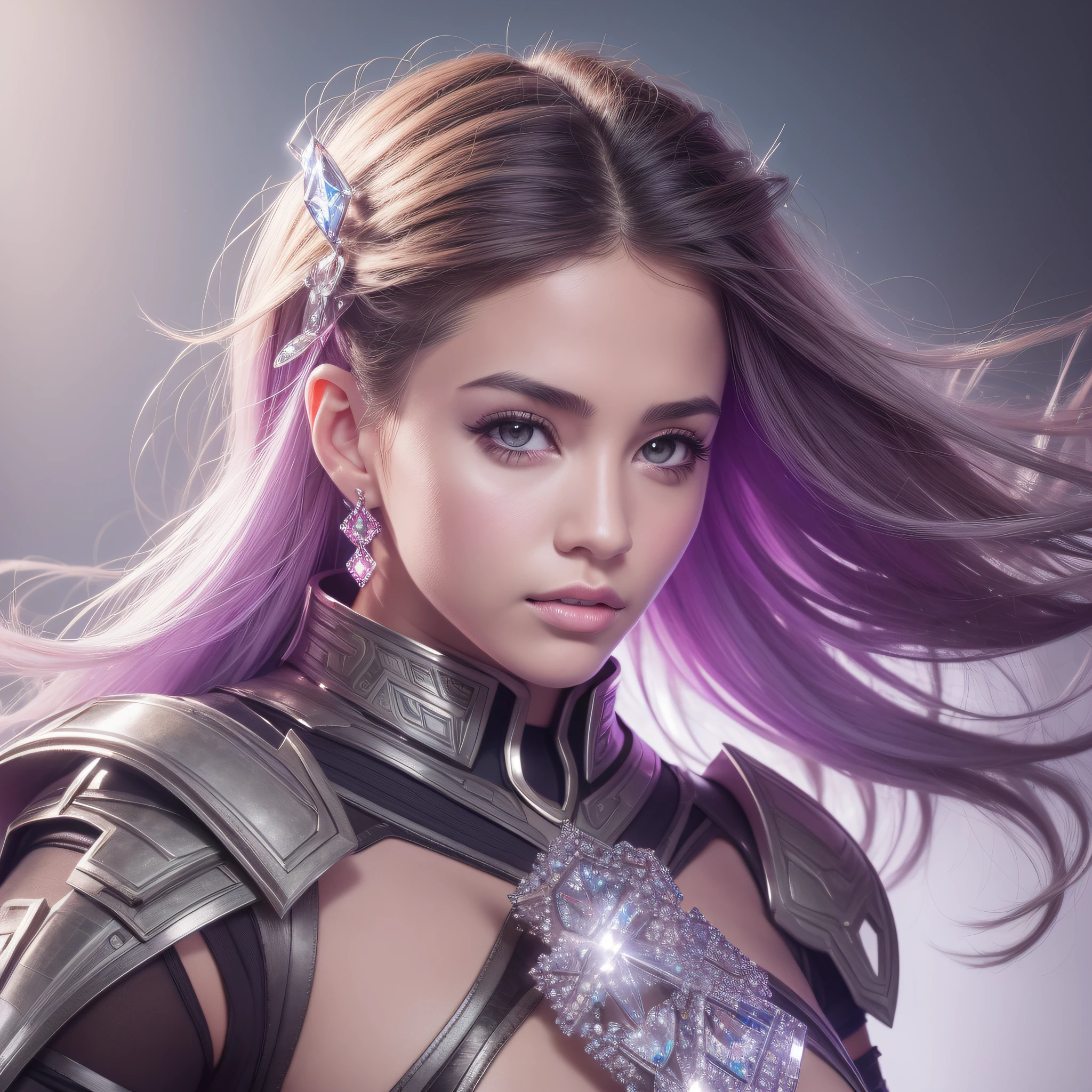 girl, with futuristic clothing, crystals, gauntlet on one arm large, photorealistic, professional portrait