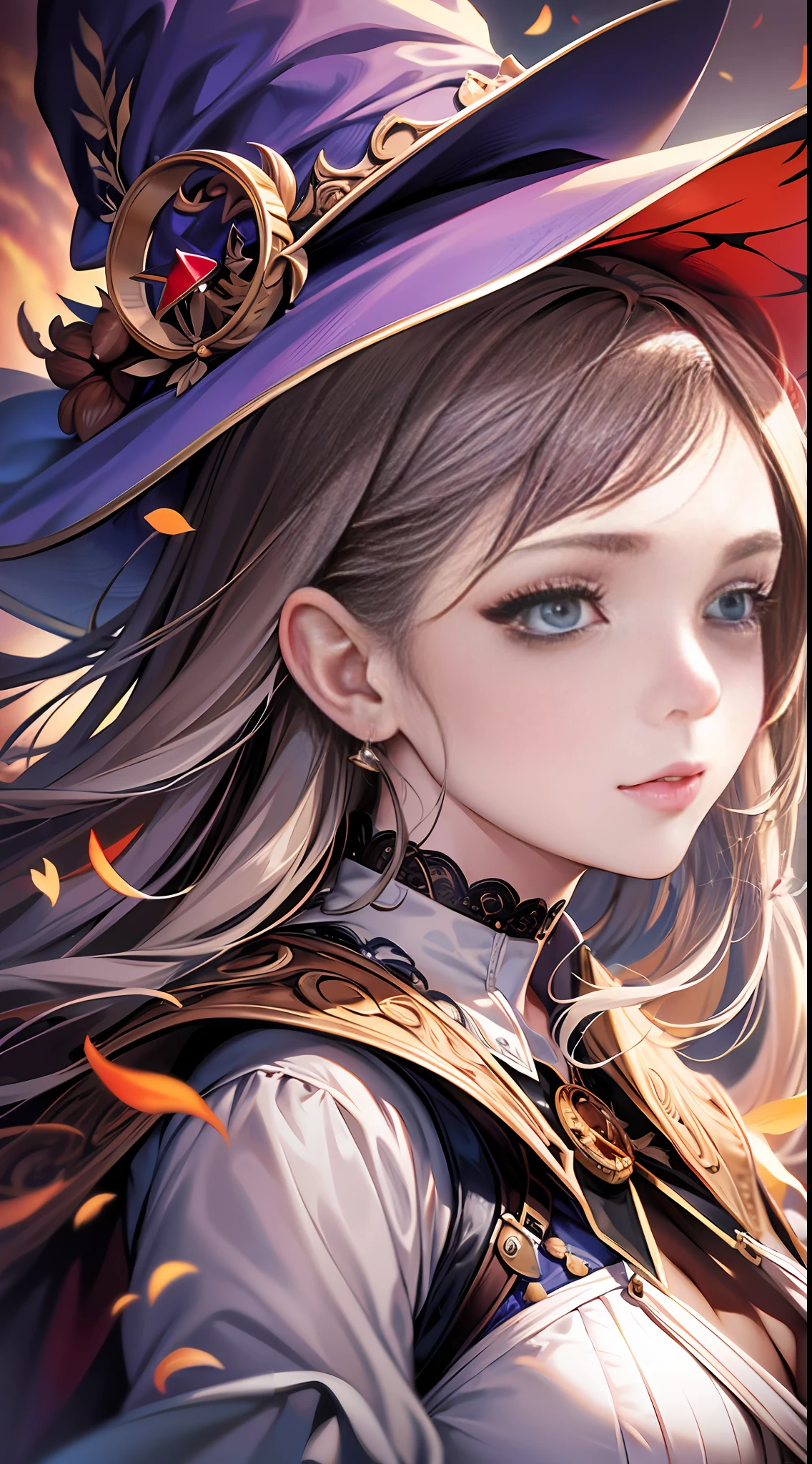 Best Quality, High Resolution, Masterpiece, Best Detail, 8k, Close Up, Realistic, 35mm, Intricate Detail, HDR, Intricate Detail, Ultra Detail, Natural Skin Texture, Surrealism, Sharp, 1 Girl, Adult (Sprite:0.7) woman, freckles, grey eyes, chestnut layered hair, portrait, looking down, solo, half shot, detailed background, witch hat, witch, magical atmosphere, hair fluttering in the wind, red trimmed light clothes, whirling magic spell whirlwind in the air, dark magic, (Style Vortex Magic: 0.8), floating particles