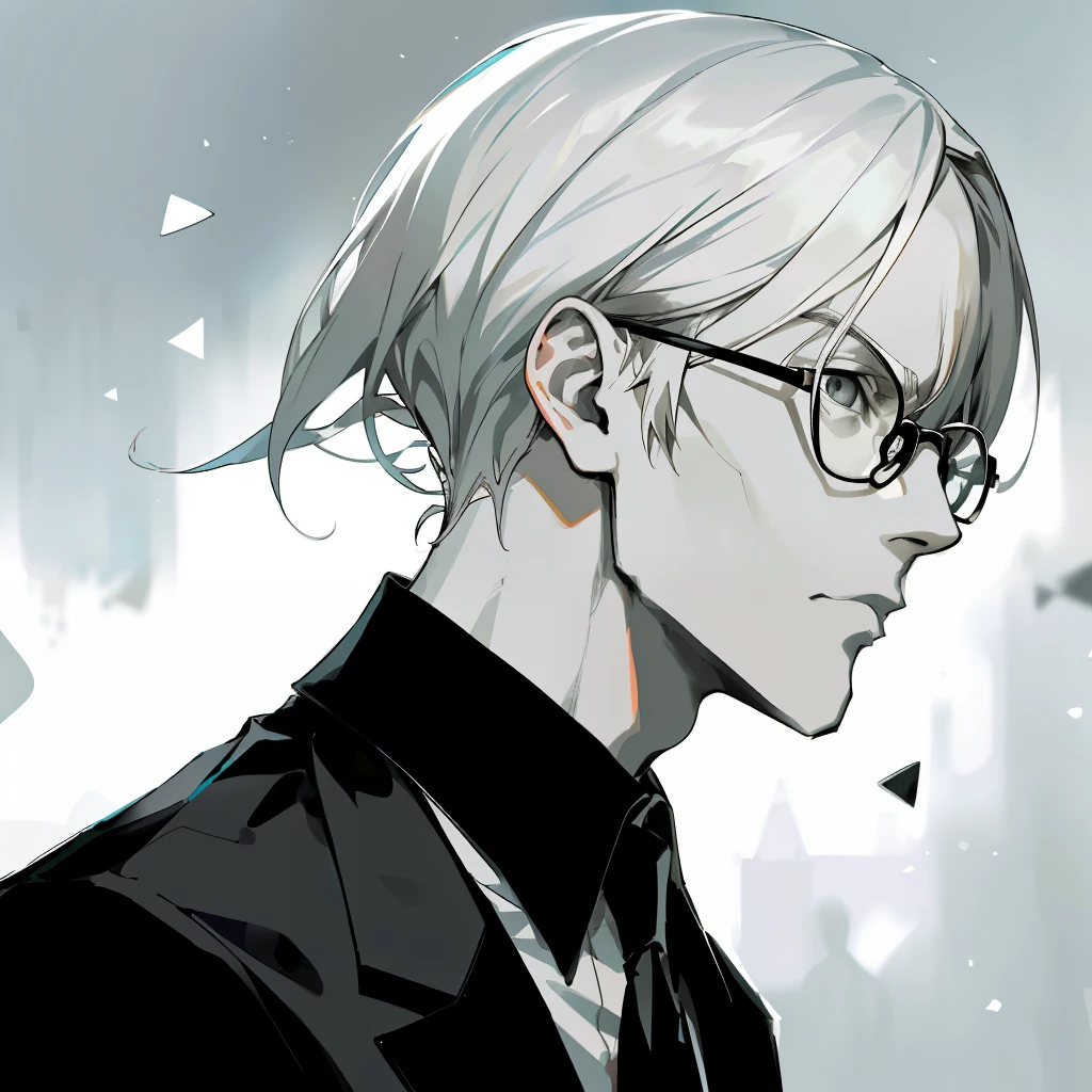 Decim (Death Parade), 1 man, 35-year-old,(black bristle), man wearing glasses, closeup face, profile picture,dresses in a formal and restrained style, a black jacket,white shirt, a professional look,white-ash hair, silver color, tired look,