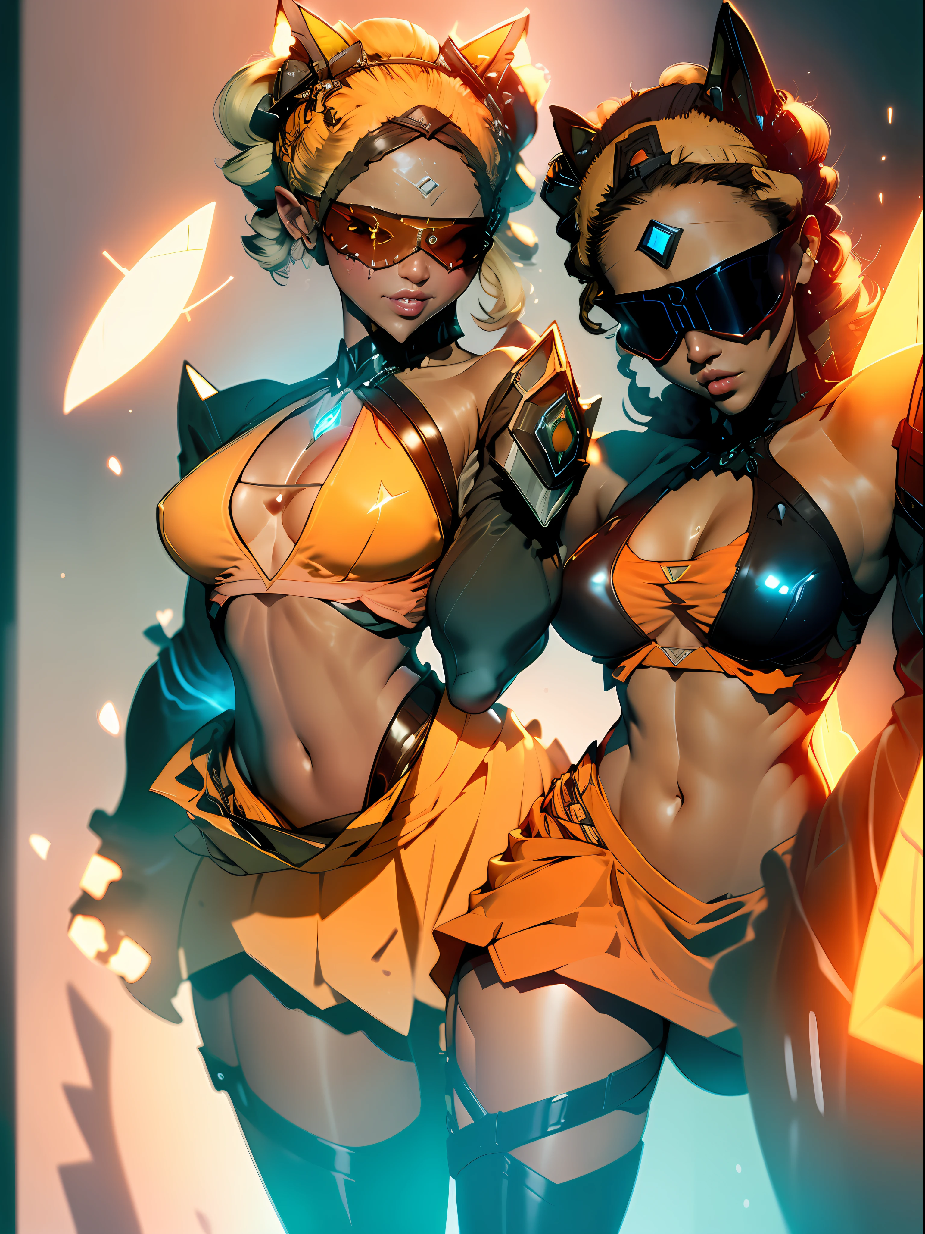 ((Best quality)), ((masterpiece)), (detailed: 1.4), (Absurd), paper, colorful line art, perfect face, mechanical girl with welder's glasses doing maintenance on a robot, shiny, sweaty tanned skin, defined muscular sculptural body, ((((whole body))), half-thick bare thighs, closed mouth, muscular body covered by orange mechanical clothing, cyberpunk, generous neckline, ((perfect small breasts)), (((totally orange outfit)), (((blonde hair with moth)))), long black eyelashes heavy makeup, niji --V5, close to real, psychopathic, crazy face, sexy pose, technological background, 2 piece clothing, centered, scale to fit dimensions, HDR (High Dynamic Range),Ray Tracing,NVIDIA RTX,Super-Resolution,Unreal 5,Subsurface dispersion, PBR texture, Post-processing, Anisotropic filtering, Depth of field, Maximum clarity and sharpness, Multilayer textures, Albedo and specular maps, Surface shading, Accurate simulation of light-material interaction, Perfect proportions, Octane Render, Two-tone lighting, Wide aperture, Low ISO, White balance, Rule of thirds, 8K RAW, crysisnanosuit