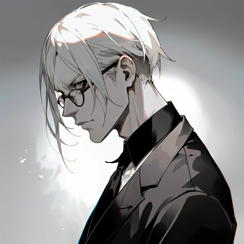 Decim (Death Parade), 1 man, 35-year-old,(black bristle), man wearing glasses, closeup face, profile picture,dresses in a formal and restrained style, a black jacket,white shirt, a professional look,white-ash hair, silver color, tired look,