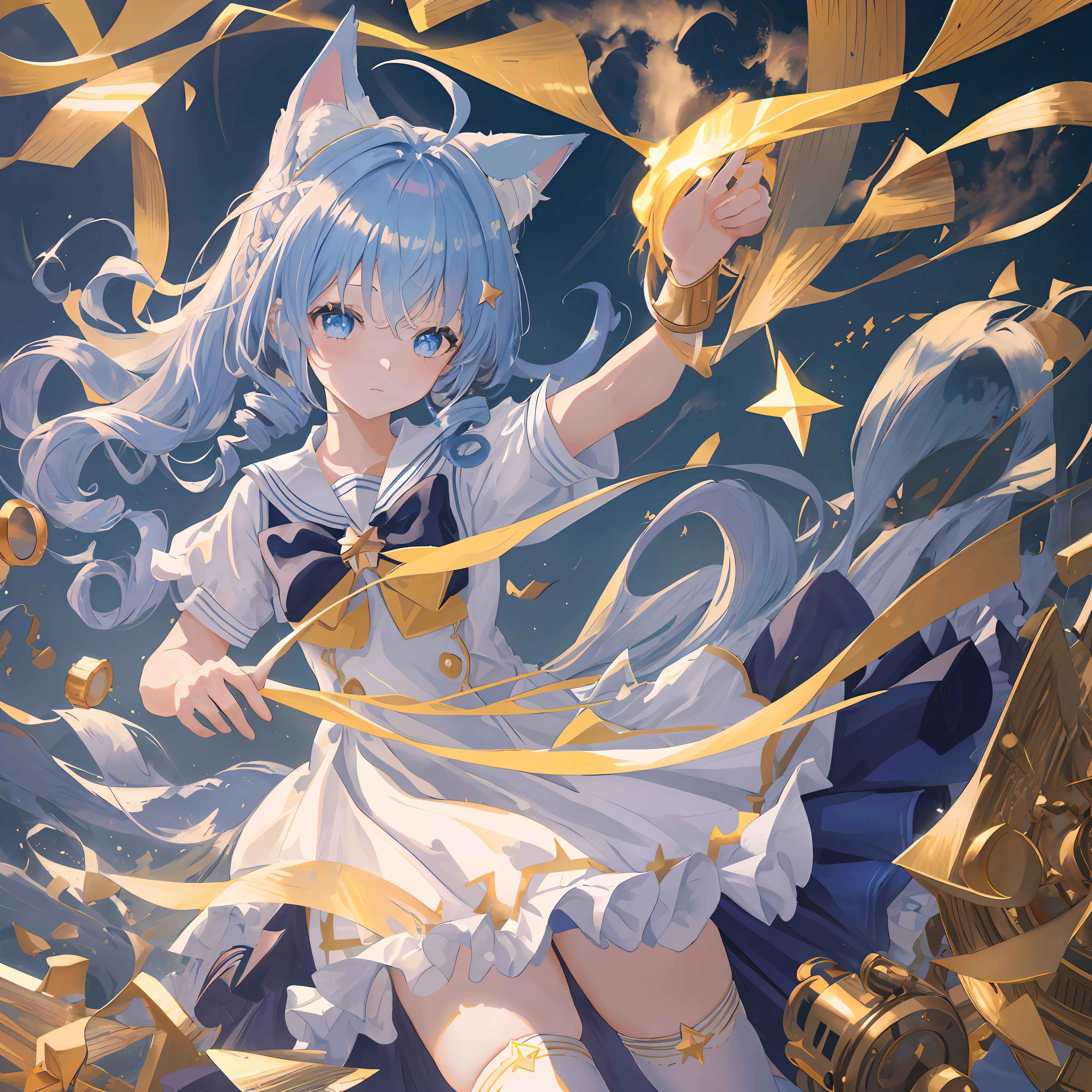 masterpiece, best quality, extremely detailed CG unity 8k wallpaper,kirigami,vibrant nebula sky,(upper body),1girl,blue eyes, gold hair,gradient hair,hair between eyes,ahoge,cat ears, drill hair,Age:16,looking back,sailor dress,white thighhighs,mary janes,Star headdress