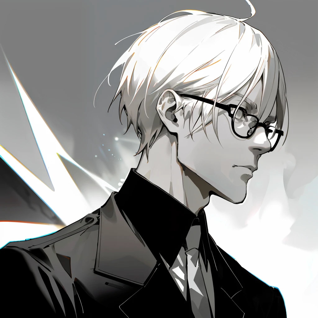 Decim (Death Parade), 1 man, 35-year-old,(black bristle), man wearing glasses, closeup face, profile picture,dresses in a formal and restrained style, a black jacket,white shirt, a professional look,white-ash hair, silver color, tired look,