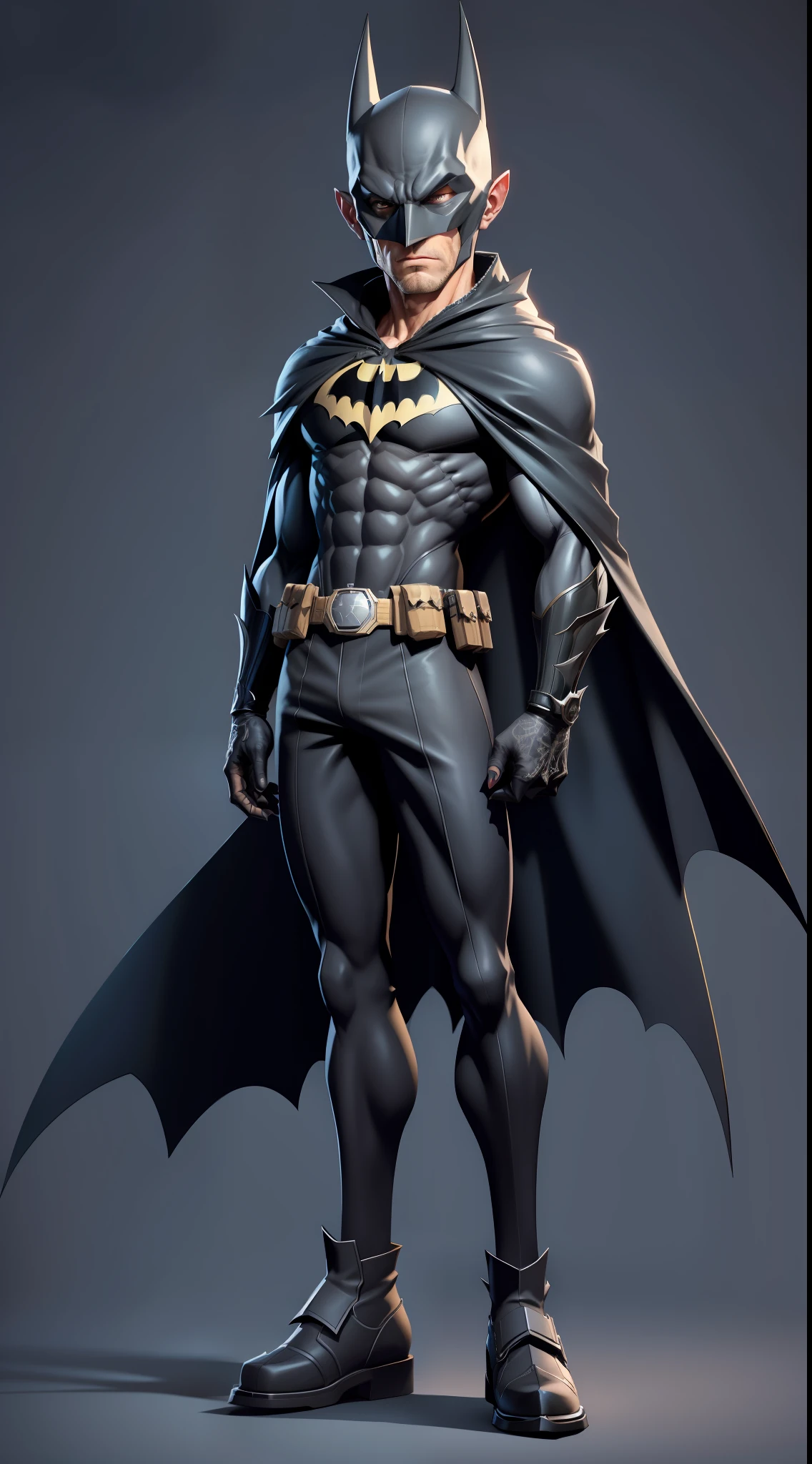 Batman, thin, bat costume, cigarette, cape, bat mask on face, gopnik, full body, fullbody, reference, adopted character, character, anime style, concept art, character sheet adopt, Breathtaking, Detailed shade