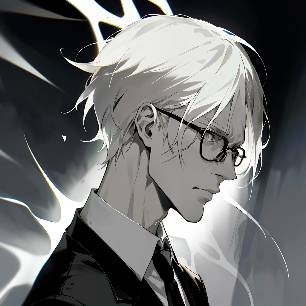 Decim (Death Parade), 1 man, 35-year-old,(black bristle), man wearing glasses, closeup face, profile picture,dresses in a formal and restrained style, a black jacket,white shirt, a professional look,white-ash hair, silver color, tired look,
