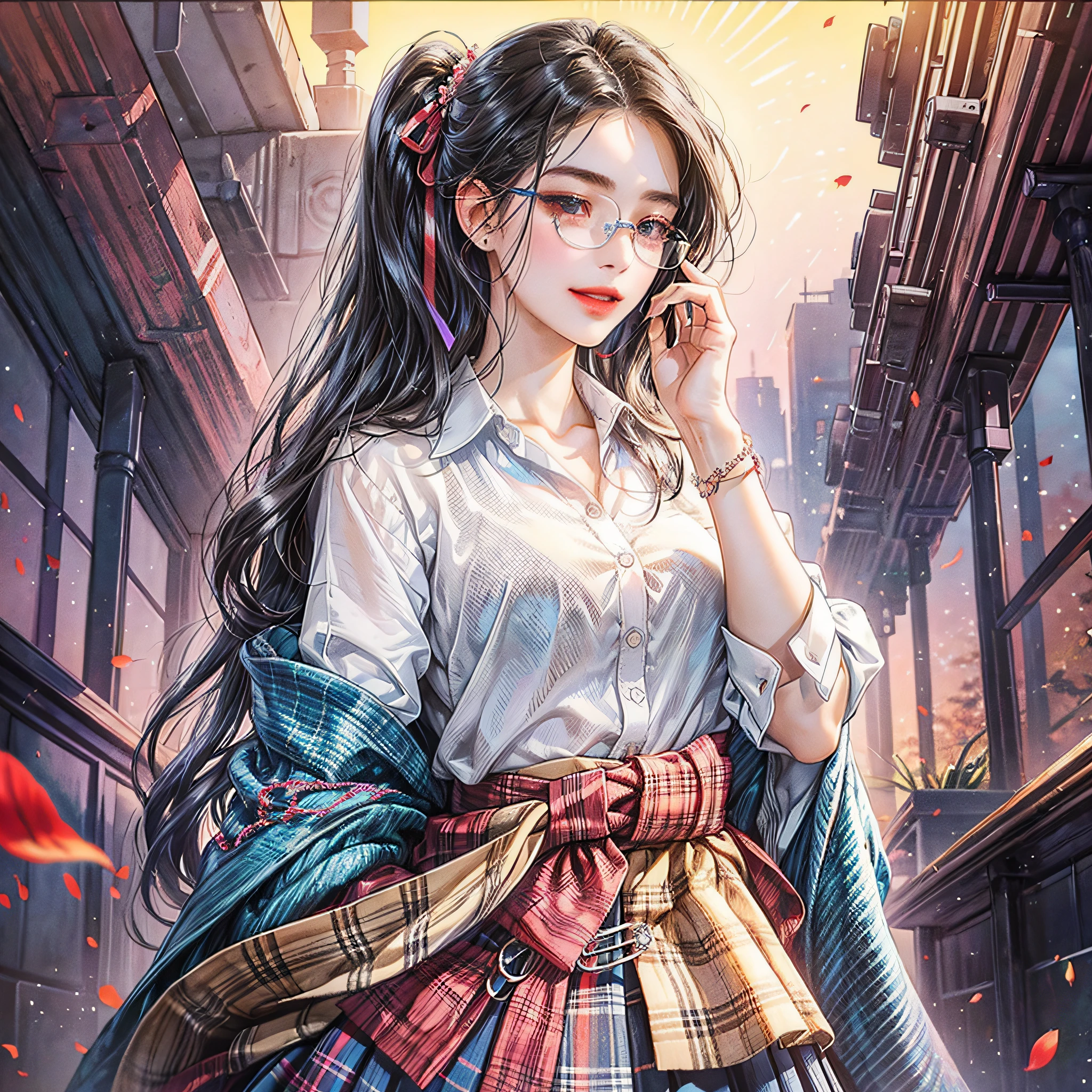 masterpiece, top quality, full body, 1girl, bangs, , red ribbon, black hair, blue skirt, blush, bracelet, glasses, clothes around the waist, collarbone, collar shirt, cowboy shot, dress shirt, iridescent eyes, eyebrows visible through hair, gradient hair, smile, gal, jewelry, kogal, long hair, look at viewer, lab coat, school uniform under lab coat, piercing, plaid skirt, pleated skirt, iridescent eyes, ring, school uniform, shirt, skirt, smile, solo, white shirt, street, sky, cherry, petal, illustration, (Magazine: 1.3), (cover style: 1.3), elegant, woman, vibrant, clothing, posing, frontal, colorful, dynamic, background, element, confidence, expression, retention, statement, accessory, majestic, roll, around, touch, scene, text, cover, bold, eye-catching, title, stylish, font, catchy, headline, bigger, impressive, modern, fashionable, focus, fashion --auto --s2