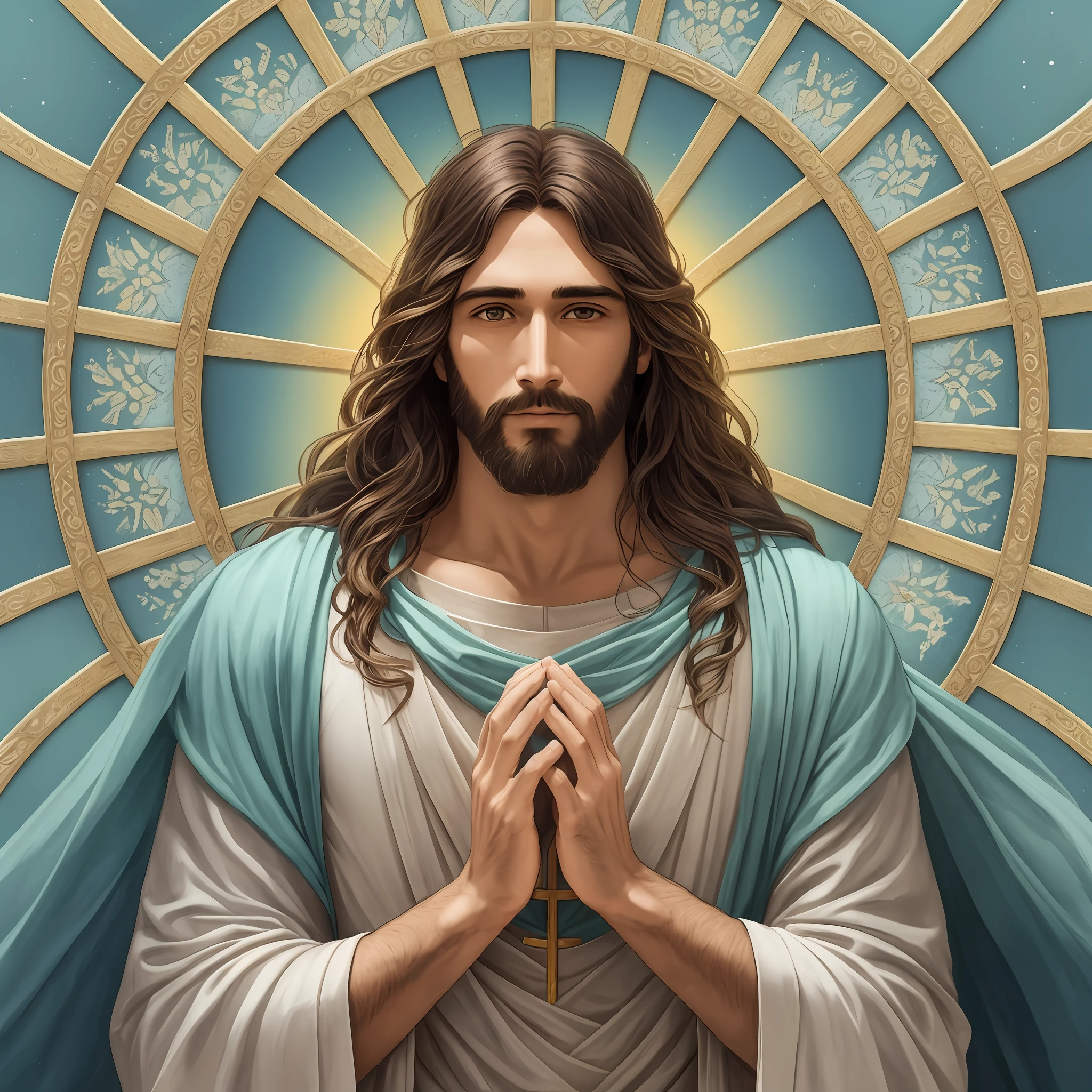 create a simple and unique image that depicts the beauty, serenity and divinity of Jesus. adult male . Create art that touches hearts and inspires a deep spiritual connection --auto --s2