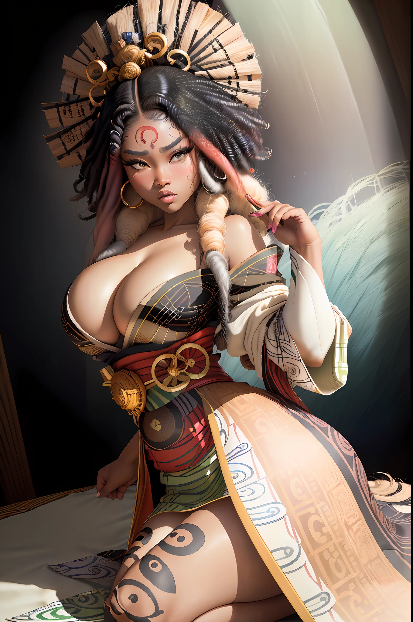 ((Best quality)), ((masterpiece)), ((realistic)), (1 girl: 1.5), The comic image of a ((african goddess girl)) with a (very aggressive face:1.2), dark skin, (realy luxuriant afro-textured hair rainbowned), gorgeous, y, curvy, busgeisha eyes), heterochromia