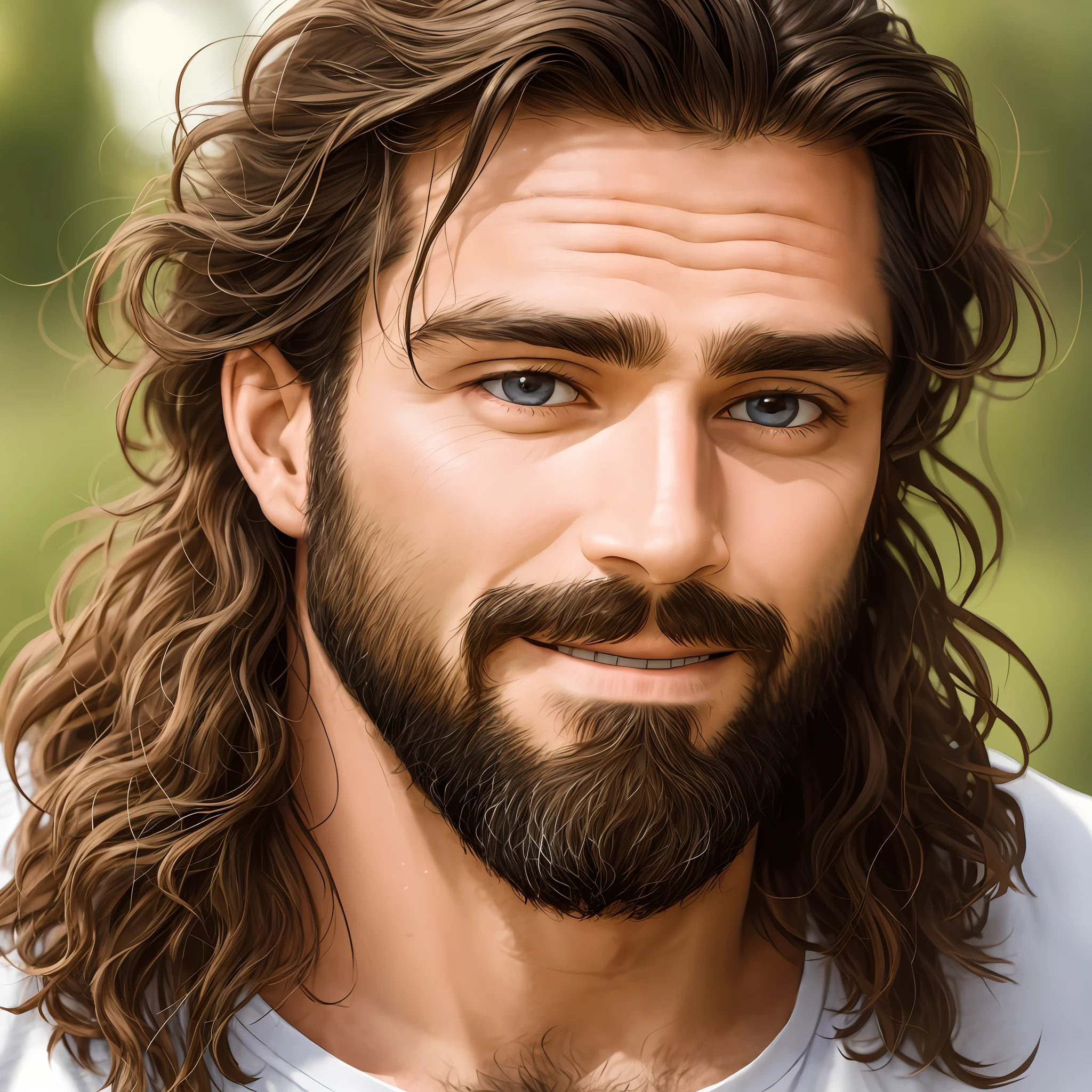 Create a photograph of Jesus Christ in simple, sweaty attire with messy hair and a bushy beard, a grown-up man with a serene look and a smile on his face --auto --s2