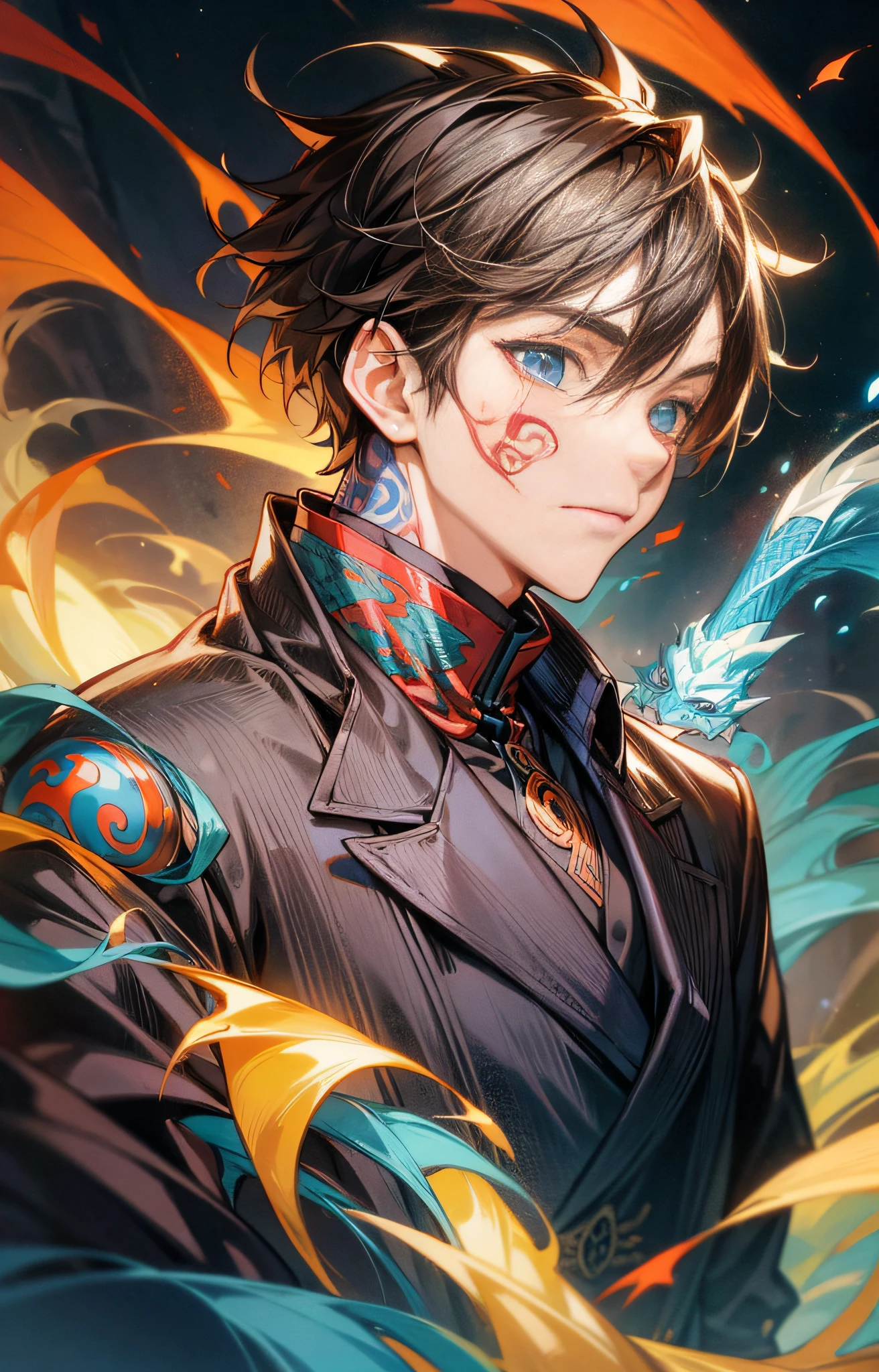 A young man, super short brown hair, blue eyes, black jacket, tattoo on face, colorful flame wrap, Chinese dragon ghost, HD, rich color, detail, light, masterpiece, masterpiece