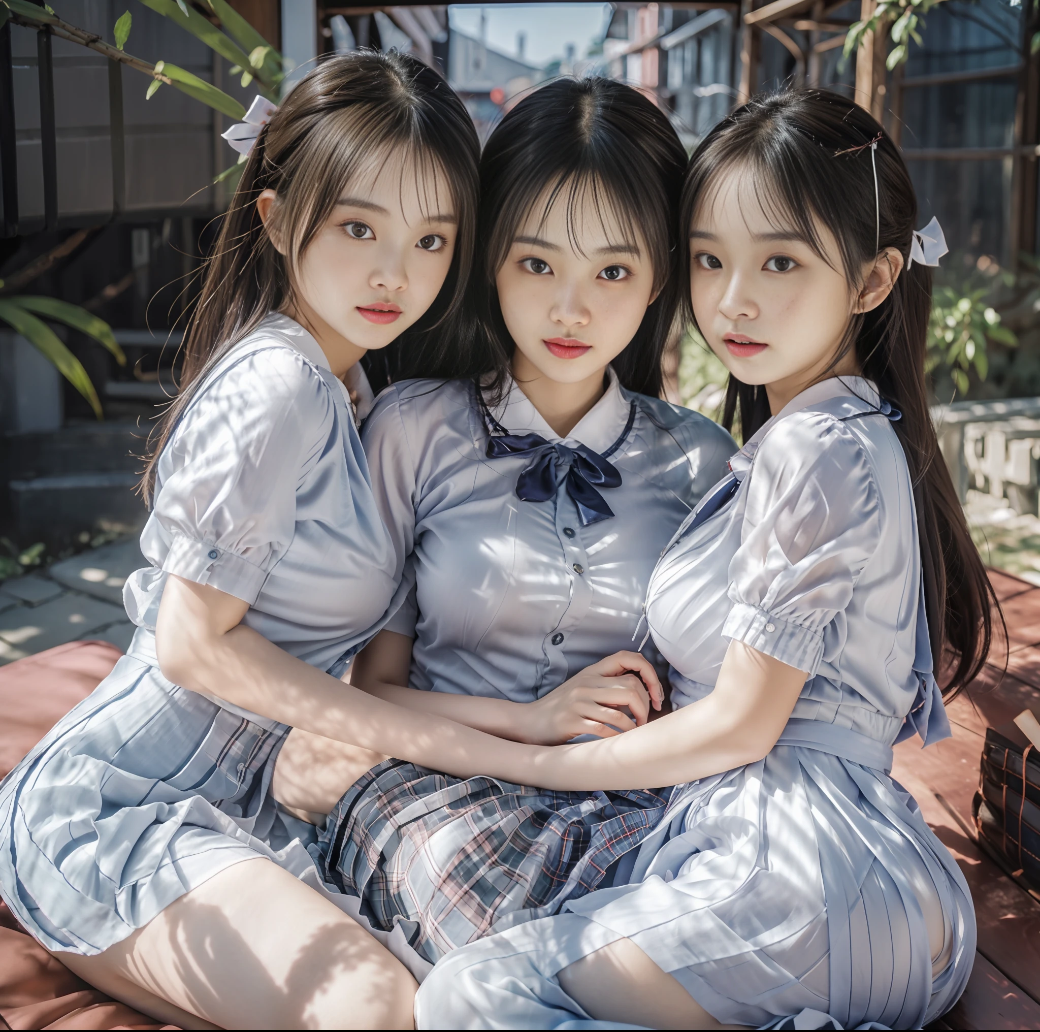 ulzzang-6500-v1.1, (top quality, masterpiece), (raw photo: 1.2), (photorealistic: 1.4), highest quality, master, very tasty and beautiful, highly detailed CG, 8k wallpaper, amazing fine details, master masterpiece, official art, huge file size, high resolution, (((2 girls kiss)), ( snugly next to each other without separation between characters), (there is no break in one piece), Japan under 18, Nogizaka girl, (representation of the human body based on precise anatomy), Japan schoolgirl uniform, (neat white plain blouse of smooth sheer fabric with ribbon tie), (ultra mini navy blue tartan check pleated skirt), ( Everyone is wearing the same clothes), (tightly dressed), (less exposed upper body), (white panties), ((fastens all buttons of blouse)), blonde, (skinny), ((very large breasts)), (very expansive breasts), (cramped clothes)), (no bra), (only the area shows through the skin tone)), (black areolas), (small prickles), ( big buttocks), (thin thighs), (large eyes), very beautiful eyes, bright ultramarine eyes, (detailed pupils reflecting light), (the iris of the eye is painted in detail with a fine radial pattern), (the whites of the eyes look a little dark), (the upper 30% of the eyes have shadows), double eye lids, (half-open eyes and mouth and sleepy expression), no makeup, (nose very low and wide), natural eyebrows, Realistic shading assuming light source, cute girl and beauty, (whitening skin), baby face, smile, long hair half braid, ((backwards pose)), ((looking back from the back)),((showing off the buttocks)),(((looking straight back and not looking at me))),cuddling,sticking cheeks together,arms crossed like a lover,looking at the other person, plucking the part of the clothes, framing from the thighs up, beautiful garden with flowers , dark cloudy sky,