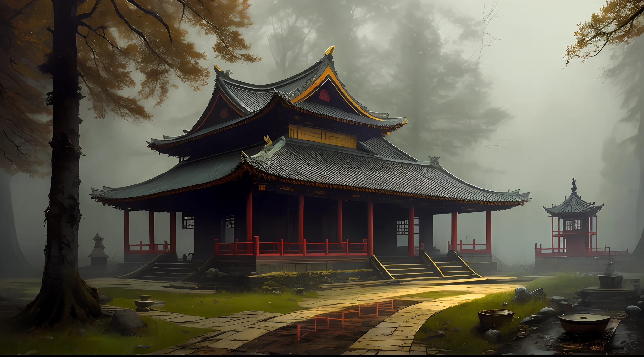 a gold traditional chinese temple in the woods, stefan koidl inspired, bussiere rutkowski andreas rocha, by maxim verehin, inspired by maxim verehin, inspired by Tomasz Jedruszek, dark cinematic concept art, eerie nostalgic concept art, inspired by Igor Kieryluk, inspired by Ismail Inceoglu