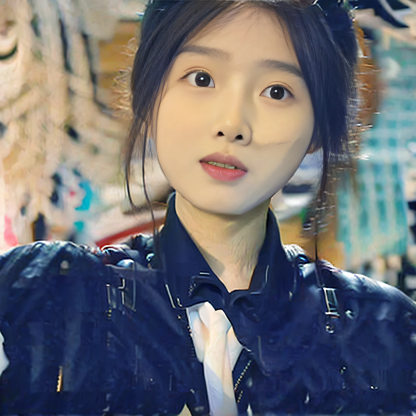 a close up of a woman wearing a black shirt and a tie, korean girl, young adorable korean face, beautiful south korean woman, ulzzang, wan adorable korean face, gorgeous young korean woman, cruel korean goth girl, with round face, beautiful young korean woman, korean symmetrical face, pale round face, korean woman, with round cheeks