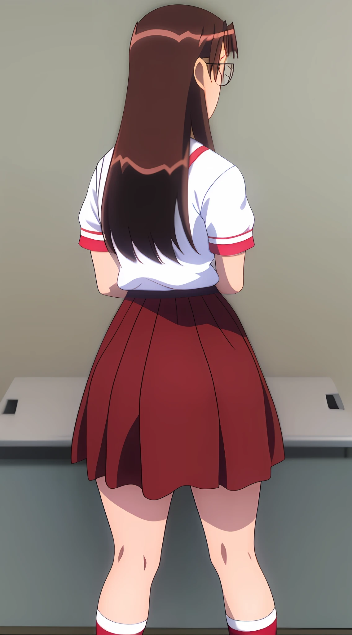 1girl, Brunette hair, glasses, red sailor school outfit  and brown skirt, black high socks, brown shoes, Slim waist, breasts, Azumanga daioh, blushing, view from behind, ass skirt wedgie