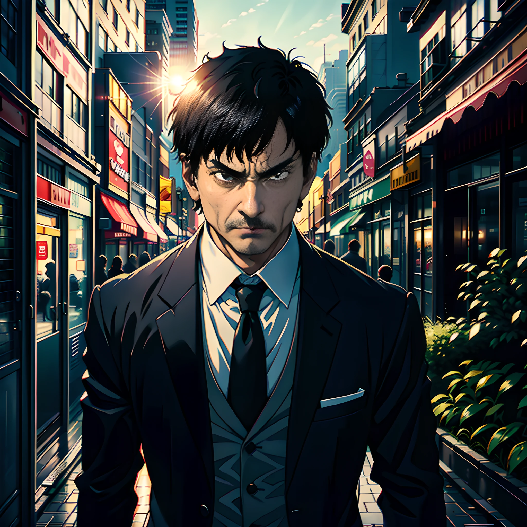 On the street, a middle-aged man is followed by a driver, with a face super detailed, wearing a suit, short black hair, black eyes, some angry, super high detail, highly real, 4K, chiaroscuro, super detail