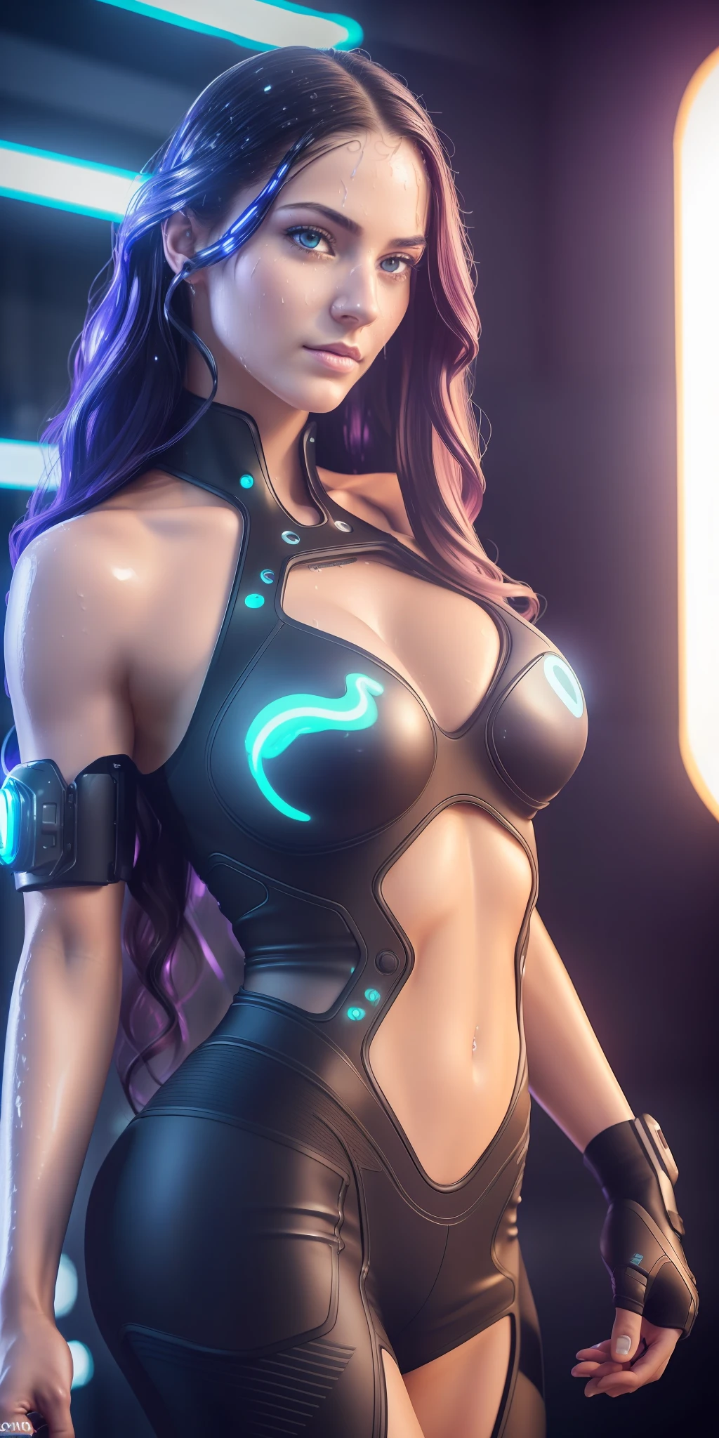 Full face portrait photo of a 23-year-old European girl, RAW, beautiful woman, half-open strawberry lips, dimples, wistful look, (extra long wavy brown hair), ((detailed face)), ((detailed facial features)), (finely detailed skin), pale skin, (in a deep neckline highly detailed sexy futuristic cyberpunk dress made of circuit boards, the megacity cyberpunk environment, neon lights, skyscrapers), (shirtless), ((in the gym)), soft natural light, wet skin, cyberpunk megacity environment, (cool colors), damp, reflections, (masterpiece) (perfect aspect ratio), (realistic photo), (best quality), (detailed) photographed on a Canon EOS R5, 50mm lens, F/2.8, HDR, (8k) (wallpaper) (cinematic lighting) (dramatic lighting) (sharp focus) (intricate), RAW photo, RAW photo, gigachad photo, posing for camera, black jeans, arms behind, 8k uhd, dslr, high quality, film grain, Fujifilm XT3, extremely detailed, photorealistic, realistic, incredibly absurd, highly detailed, sharp focus, (Professional Studio Lighting), (Professional Color Grading), Edge Lighting, Dramatic lighting, Cinematic lighting, Lumen reflections, Soft natural lighting, Soft color, Photon mapping, Radiosity, (Beautiful eyes), (Detailed eyes), (Detailed face), symmetrical eyes, sharp eyes, cold face, full body), beautiful and sexy woman, thin waist, (strong body and fitness), (((HIGH LEVEL OF DETAIL))), (((look at the viewer))), (((sperm on breasts))), ((wet, oil-lubricated))), ((athletic body)), ((sweaty)). --auto --s2