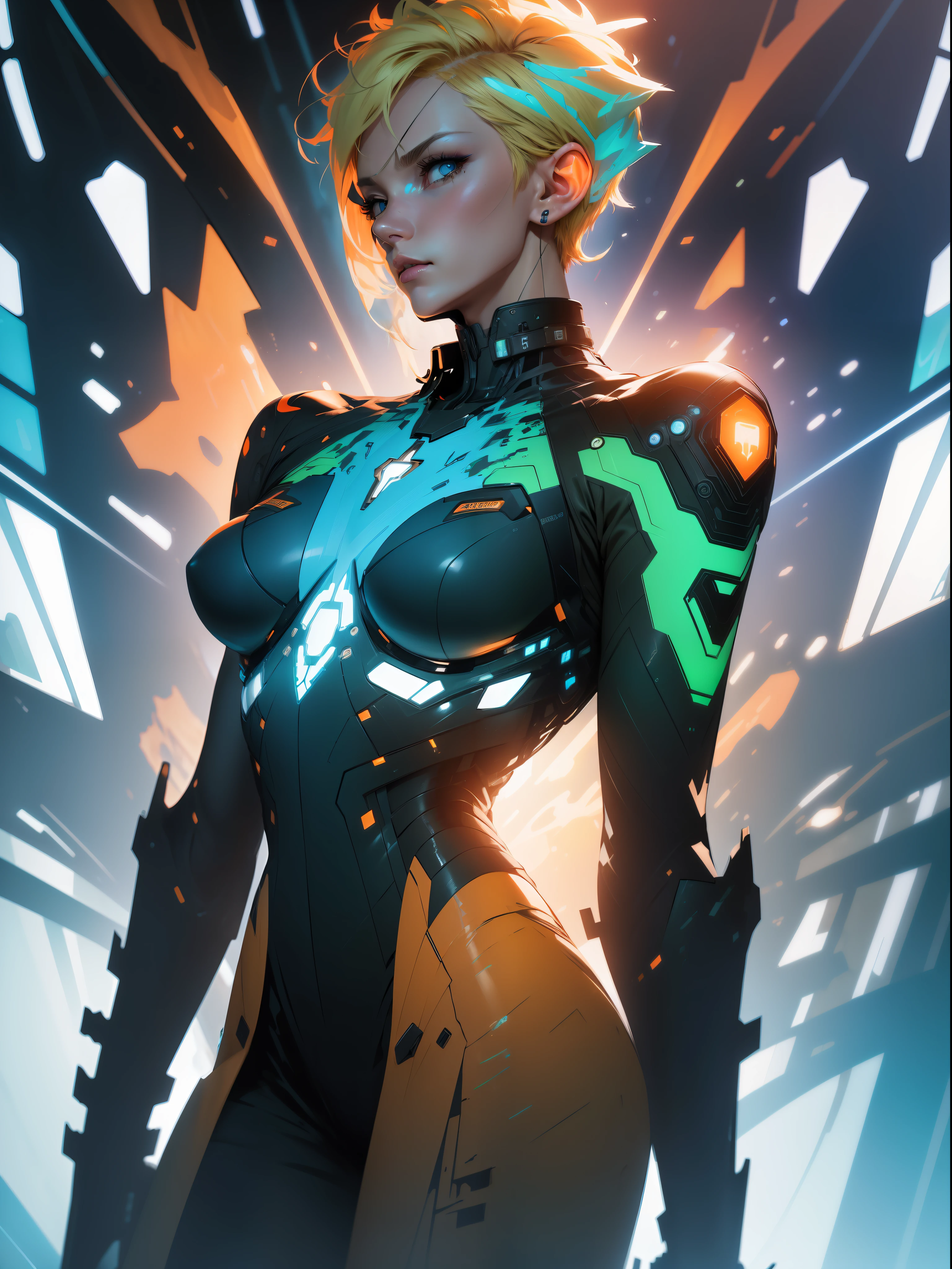 ((Best quality)), ((masterpiece)), (detailed: 1.4), (Absurd), Fighter pilot woman ready for war, bluish black skin, Clothing with spectacular abstract designs, explosion of colors, cosmic tattoo, nebula, defined muscular sculptural body, whole body, half thick naked thighs, closed mouth, body covered by technological clothing, Neon Genesis Evangelion style, cyberpunk, generous neckline, ((perfect medium breasts)), (super light blue eyes),  ((totally green and orange clothing)), (((short blonde hair)))), long black eyelashes heavy makeup, garter belt made with barbed wire, by mucha, niji --V5, close to real, psychopath, crazy face, sexy pose, fractal background, 2 piece clothing, pastel, centered, scale to fit dimensions, HDR (High Dynamic Range),Ray Tracing,NVIDIA RTX,Super-Resolution,Unreal 5, Subsurface Dispersion, PBR Texture, Post-processing, Anisotropic Filtering, Depth of Field, Maximum Clarity and Sharpness, Multilayer Textures, Albedo and Specular Maps, Surface Shading, Accurate Simulation of Light-Material Interaction, Perfect Proportions, Octane Render, Two-Tone Lighting, Wide Aperture, Low ISO, White Balance, Rule of Thirds, 8K RAW, Crysisnanosuit