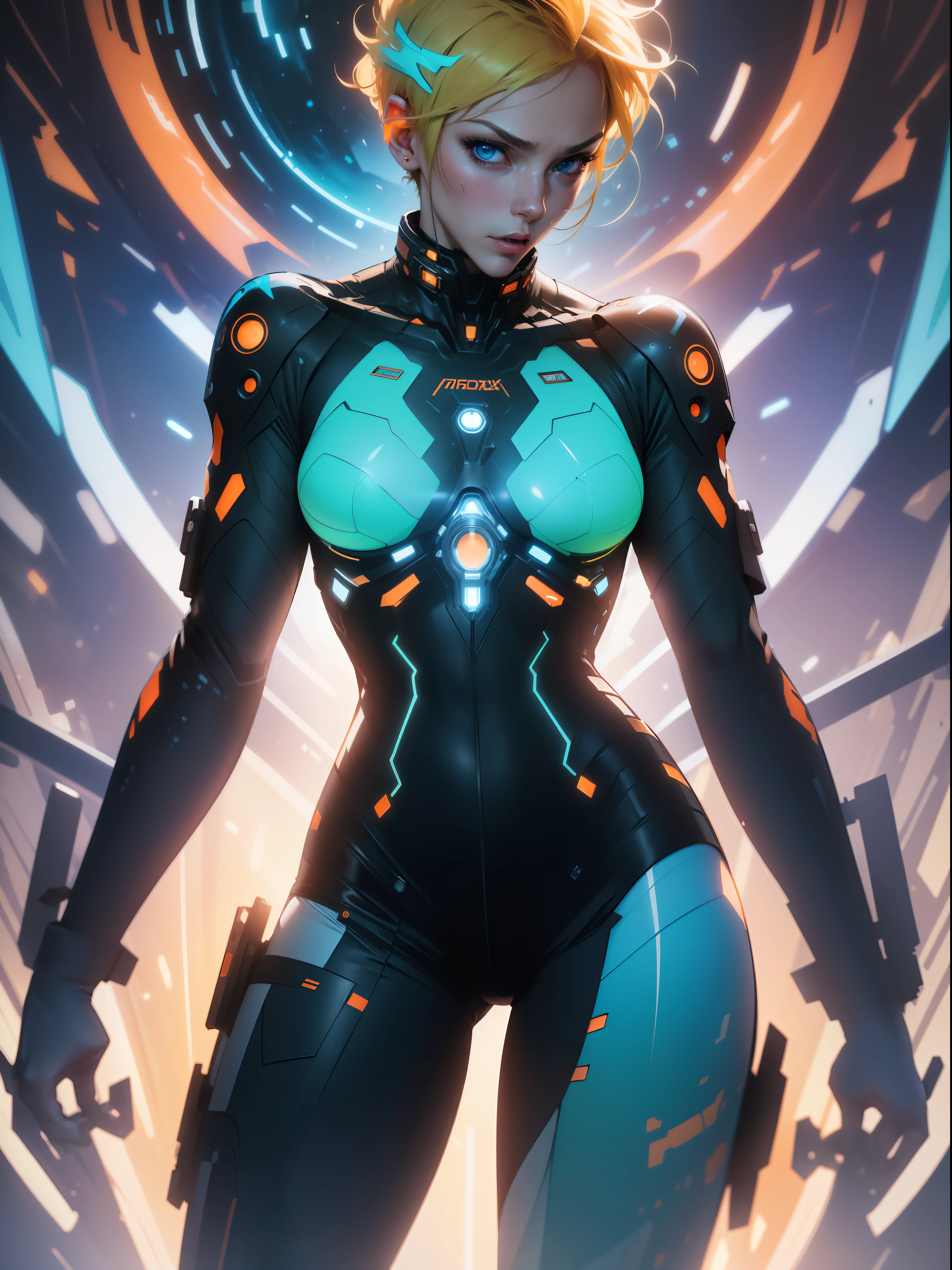 ((Best quality)), ((masterpiece)), (detailed: 1.4), (Absurd), Fighter pilot woman ready for war, bluish black skin, Clothing with spectacular abstract designs, explosion of colors, cosmic tattoo, nebula, defined muscular sculptural body, whole body, half thick naked thighs, closed mouth, body covered by technological clothing, Neon Genesis Evangelion style, cyberpunk, generous neckline, ((perfect medium breasts)), (super light blue eyes),  ((totally green and orange clothing)), (((short blonde hair)))), long black eyelashes heavy makeup, garter belt made with barbed wire, by mucha, niji --V5, close to real, psychopath, crazy face, sexy pose, fractal background, 2 piece clothing, pastel, centered, scale to fit dimensions, HDR (High Dynamic Range),Ray Tracing,NVIDIA RTX,Super-Resolution,Unreal 5, Subsurface Dispersion, PBR Texture, Post-processing, Anisotropic Filtering, Depth of Field, Maximum Clarity and Sharpness, Multilayer Textures, Albedo and Specular Maps, Surface Shading, Accurate Simulation of Light-Material Interaction, Perfect Proportions, Octane Render, Two-Tone Lighting, Wide Aperture, Low ISO, White Balance, Rule of Thirds, 8K RAW, Crysisnanosuit
