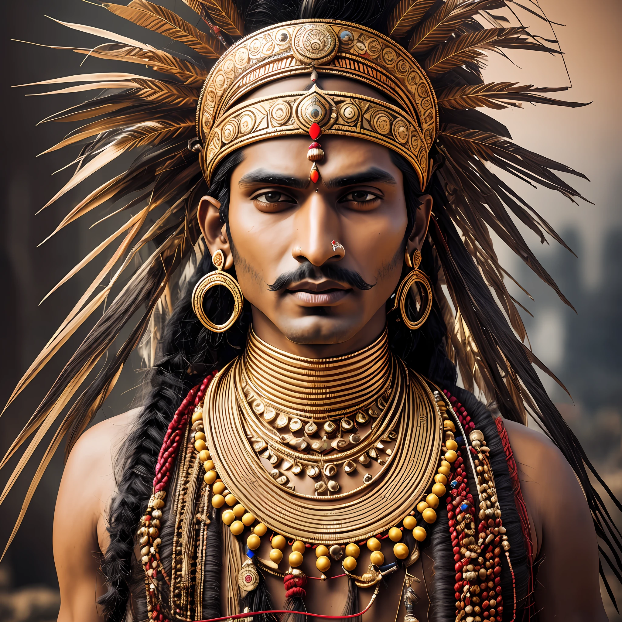Cinematic shot of, Cyberpunk , hindu indian man , tilak , and Rajasthani head gear,Ultra futuristic. HD , 8k realistic, pexe winner, ultra realistic,
