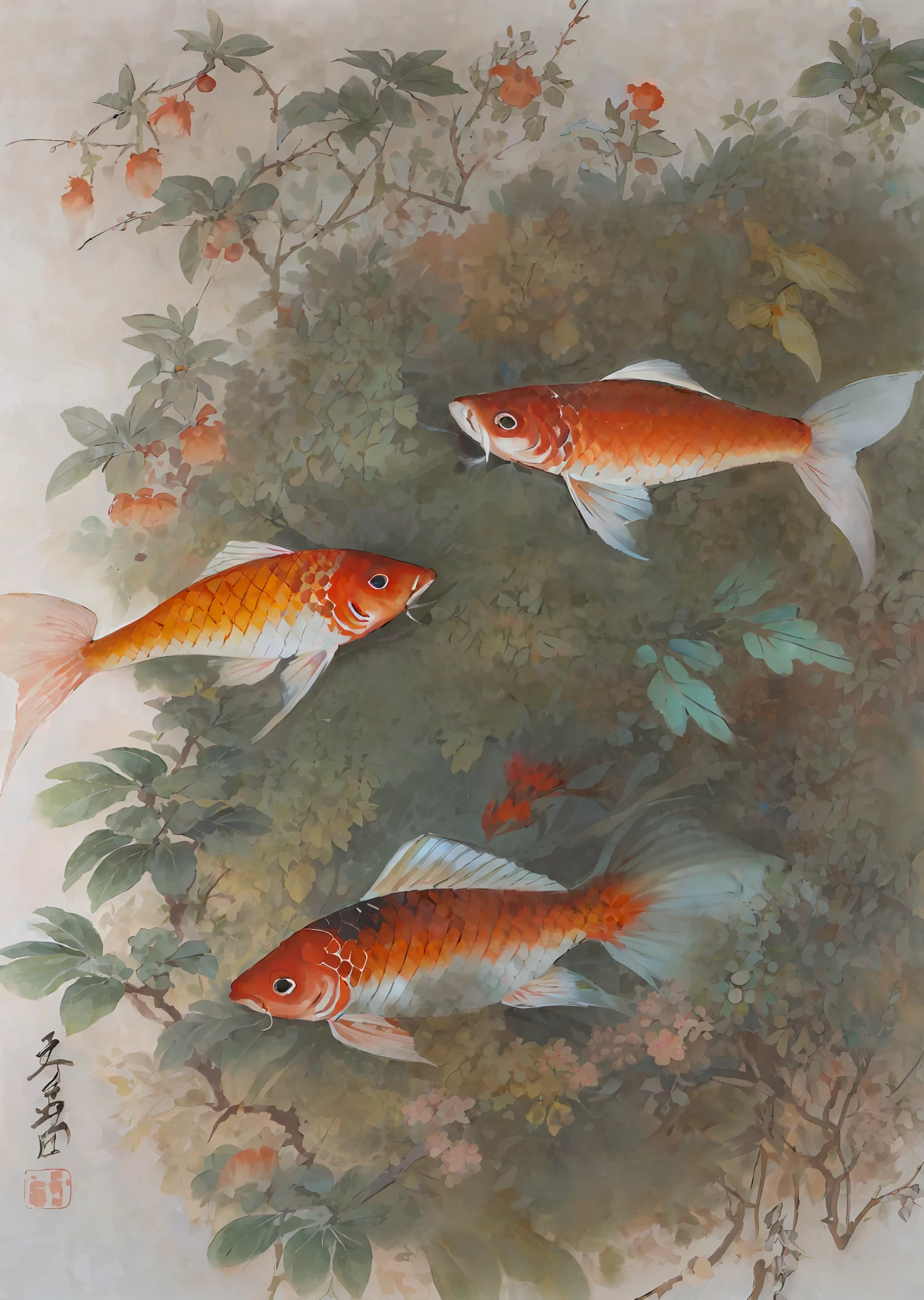 huaniao, [(white background:1.5)::5], mid shot, full body, chinese style, flowers,((fish)),stone fragment, beautiful detailed water,pool,