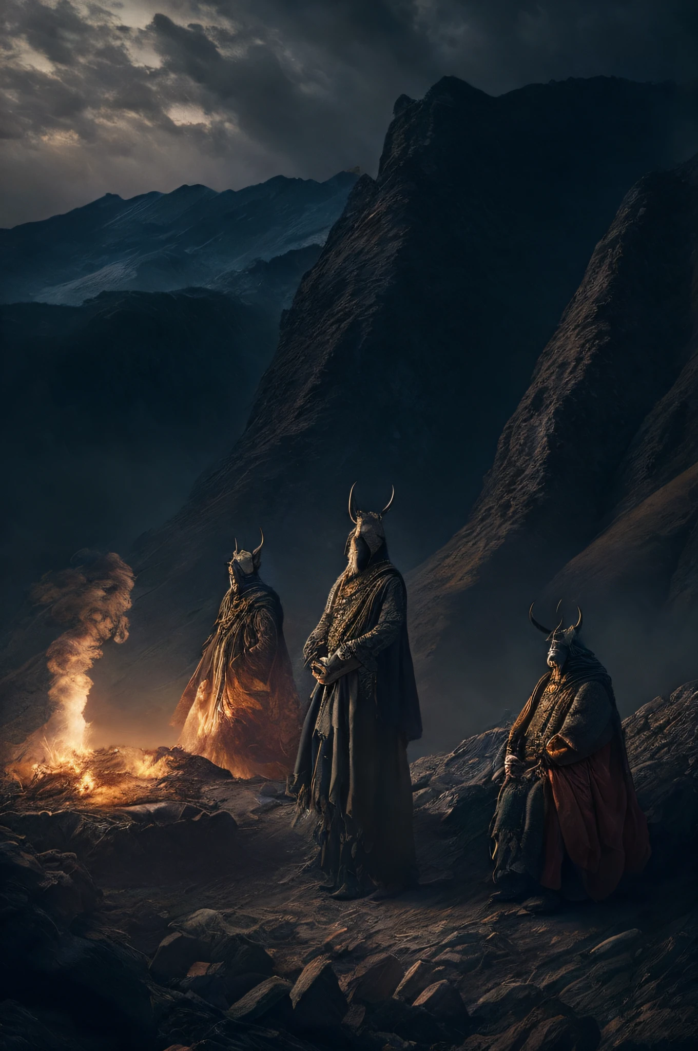 The scene is atmospheric and open, ancient sacrificial pictures, smoky and full of smoke, animals in human clothes meditating, (detailed clothing details, detailed clothing light sense), faint and faint, detailed animal hair glowing sense, cumbersome and complex picture feeling, (full of weird and mysterious pictures), the background is hazy open and weird mountains, complex mountains, photorealistic, 8k,