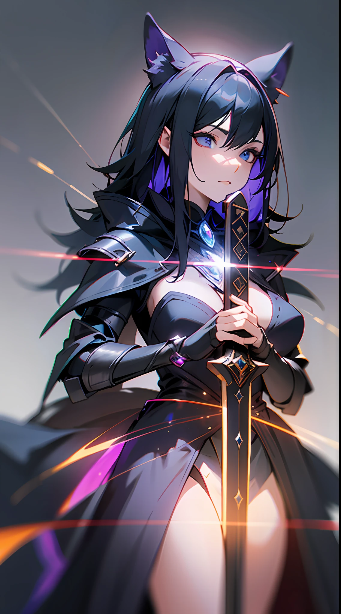 a woman in a black dress holding a sword, dark witch character, dark fox mage, black fur armor, antasy character, epic mage girl character, official character art, female mage, female mage!, shadowverse character concept, of anthro leopard warlock, evil sorceress witch, dark fantasy female magician, fantasy mage, side portrait dark witch, ((Best quality)), ((masterpiece)), (detailed:1.4), 3D,HDR (High Dynamic Range),Ray Tracing,NVIDIA RTX,Super-Resolution,Unreal 5,Subsurface scattering,PBR Texturing,Post-processing,Anisotropic Filtering,Depth-of-field,Maximum clarity and sharpness,Multi-layered textures,Albedo and Specular maps,Surface shading,Accurate simulation of light-material interaction,Perfect proportions,Octane Render,Two-tone lighting,Wide aperture,Low ISO,White balance,Rule of thirds,8K RAW,