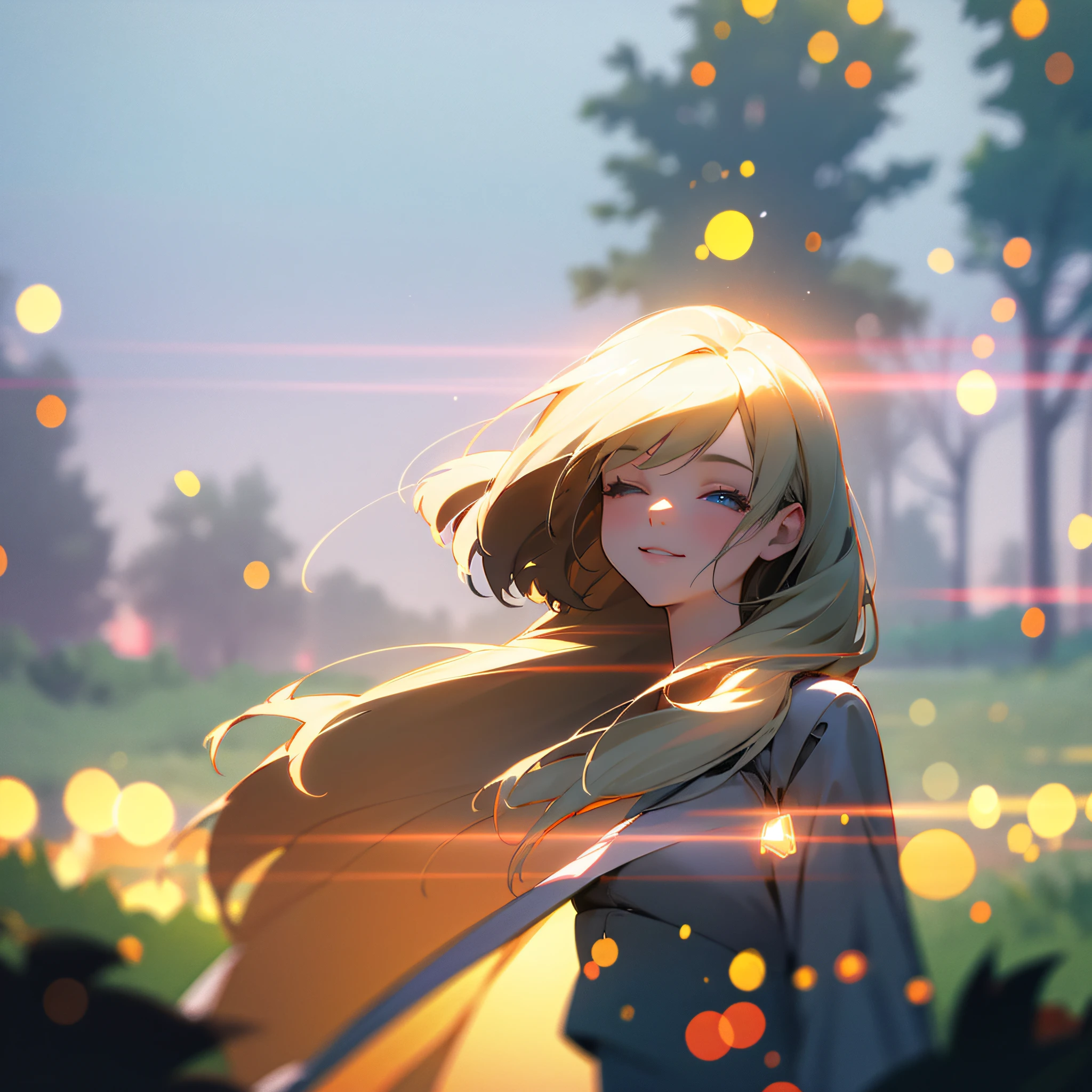Best Quality, Masterpiece, High Resolution, 1Girl, Smiley, Long Dress, Tree, Hand on Tree, Tyndall Effect, Realistic, Edge Lighting, Two-tone Lighting, (High Detail Skin: 1.2), 8K UHD, DSLR, Soft Light, High Quality, Volumetric Light, Voyeur, Photo, High Resolution, 4K, 8K, Bokeh,