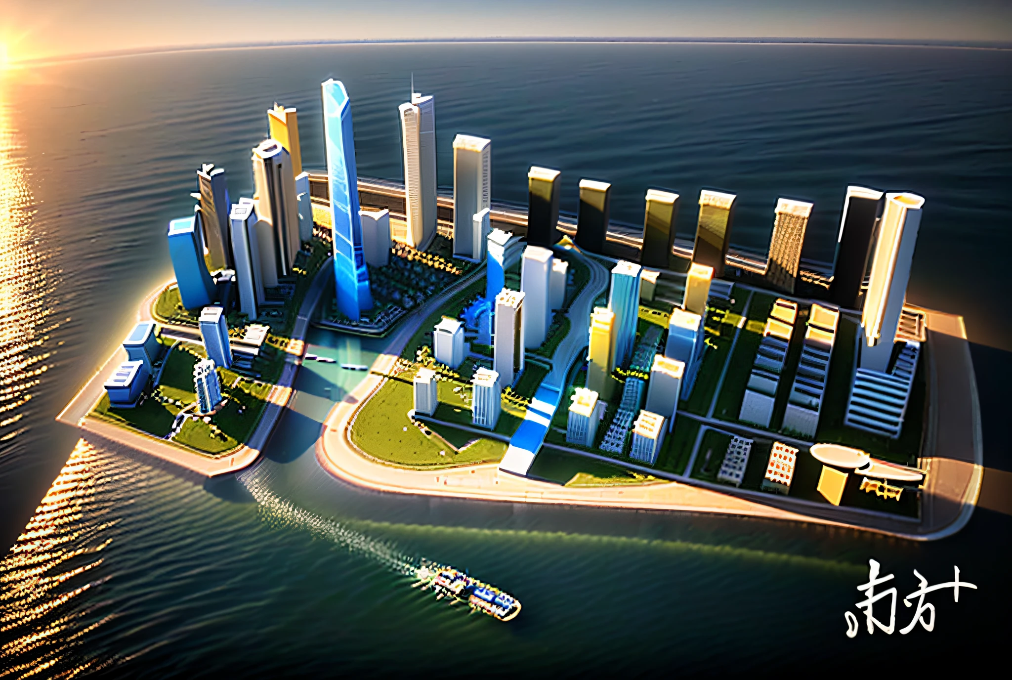 3D Model HD Rendering, Aerial View, Architectural Rendering, Right Angle Isometric View, 45 Degree Angle, High Detail, Cinematic, Global Illumination, Realistic Lighting, Unreal Engine Rendering, Substance 3D, Octane Rendering, (hdr:1.5), 8K, Daytime, Coastal City, Inland Around the City, There are two streams in the city and an island, the two streams converge into the river, the lake, stream, and river are blue