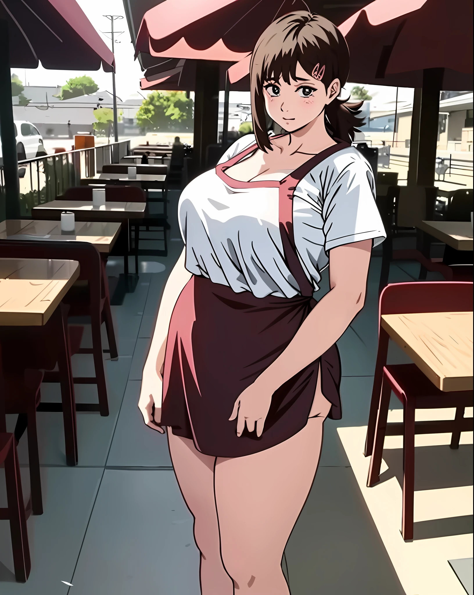 1girl, (carrying a tray),waitress,bikini, restaurant, modeling, wearing an apron, sexy, full body masterpiece, cute figure, face facing the viewer, provocative look, chubby thighs, (chubby waist), a beautiful chubby, (happy),manos perfectas