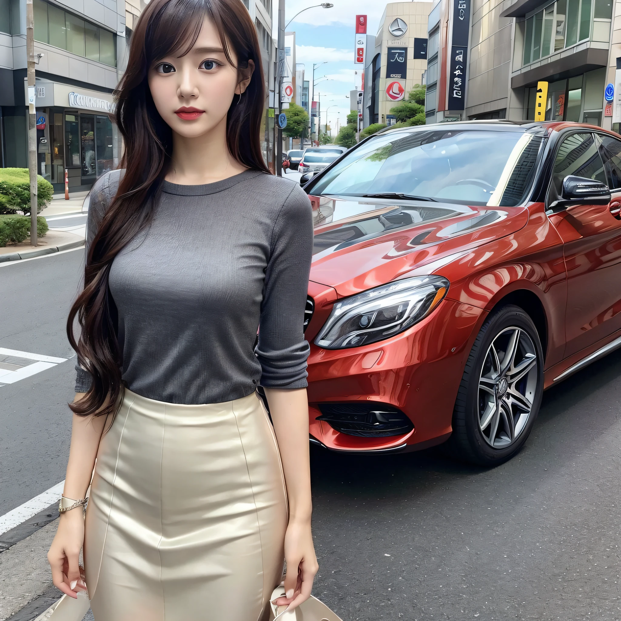 Driving Mercedes Benz, Japan 20 year old woman, beauty, live-action, realistic, tight skirt, --auto --s2