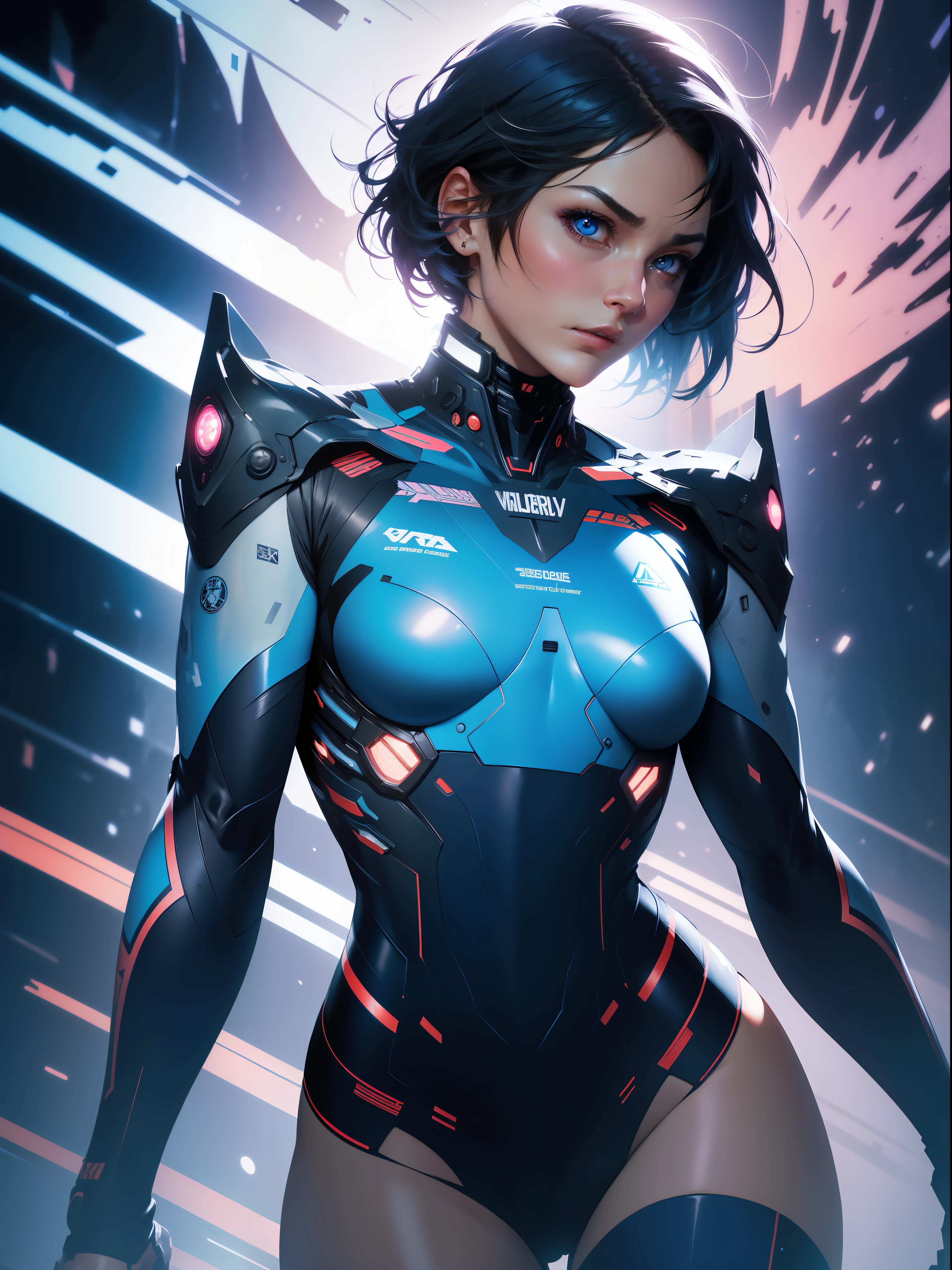 ((Best quality)), ((masterpiece)), (detailed: 1.4), (Absurd), Fighter pilot woman ready for war, dark skin, Clothing with spectacular abstract designs, explosion of colors, cosmic tattoo, nebulous, sculptural body defined muscle, whole body, half thick naked thighs, closed mouth, body covered by technological clothing, Neon Genesis Evangelion style, cyberpunk, generous neckline, ((perfect medium breasts)), (super light blue eyes),  ((totally navy blue clothing)), (((short straight black hair)))), long eyelashes and black heavy makeup, garter belt made with barbed wire, by mucha, niji --V5, close to real, psychopath, crazy face, sexy pose, fractal background, 2 piece clothing, pastel, centered, scale to fit dimensions, HDR (High Dynamic Range),Ray Tracing,NVIDIA RTX,Super-Resolution,Unreal 5, Subsurface Dispersion, PBR Texture, Post-processing, Anisotropic Filtering, Depth of Field, Maximum Clarity and Sharpness, Multilayer Textures, Albedo and Specular Maps, Surface Shading, Accurate Simulation of Light-Material Interaction, Perfect Proportions, Octane Render, Two-Tone Lighting, Wide Aperture, Low ISO, White Balance, Rule of Thirds, 8K RAW, Crysisnanosuit